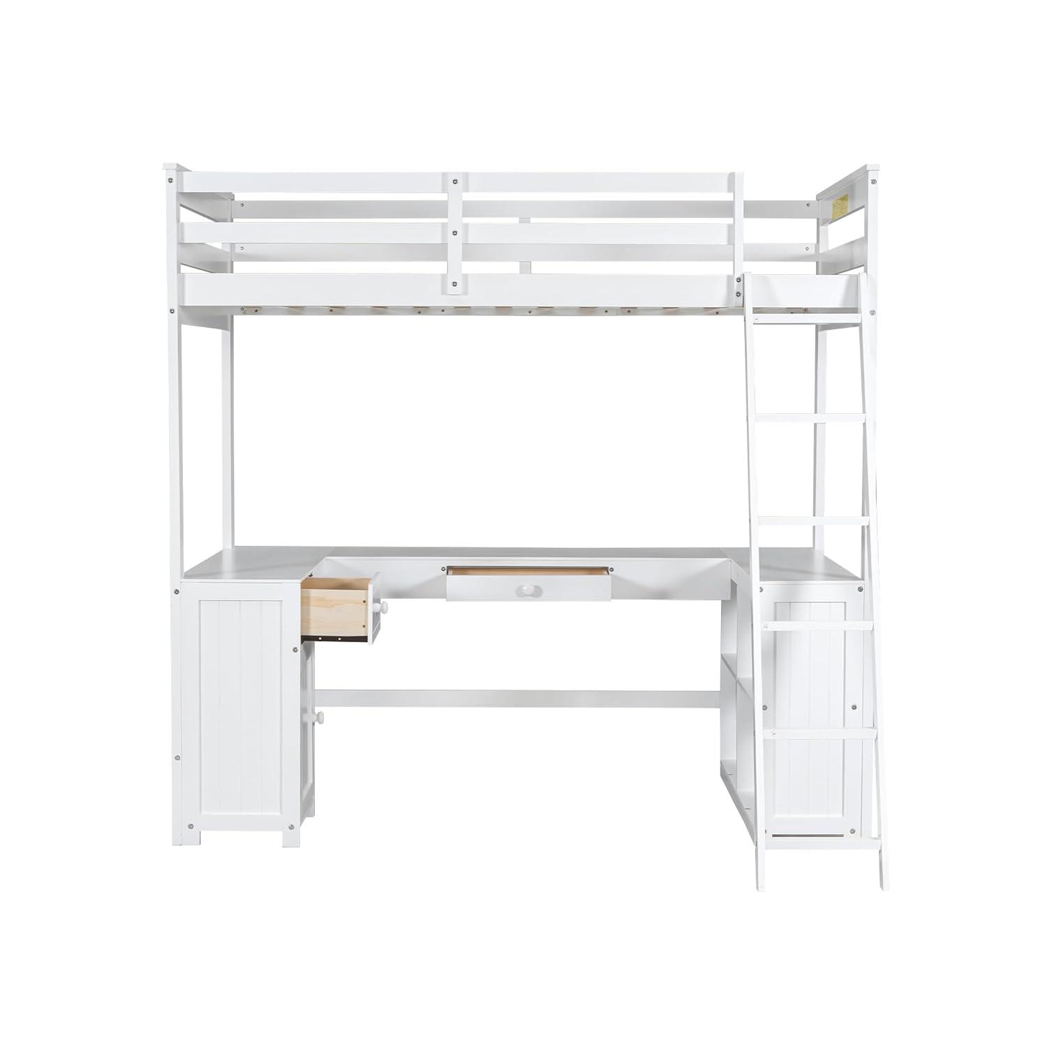 Bellemave Twin Size Loft Bed with U-shaped Desk,Wood Loft Bed Frame for Kids Teens with Drawers and Storage Shelves,No Box Spring Needed(White)