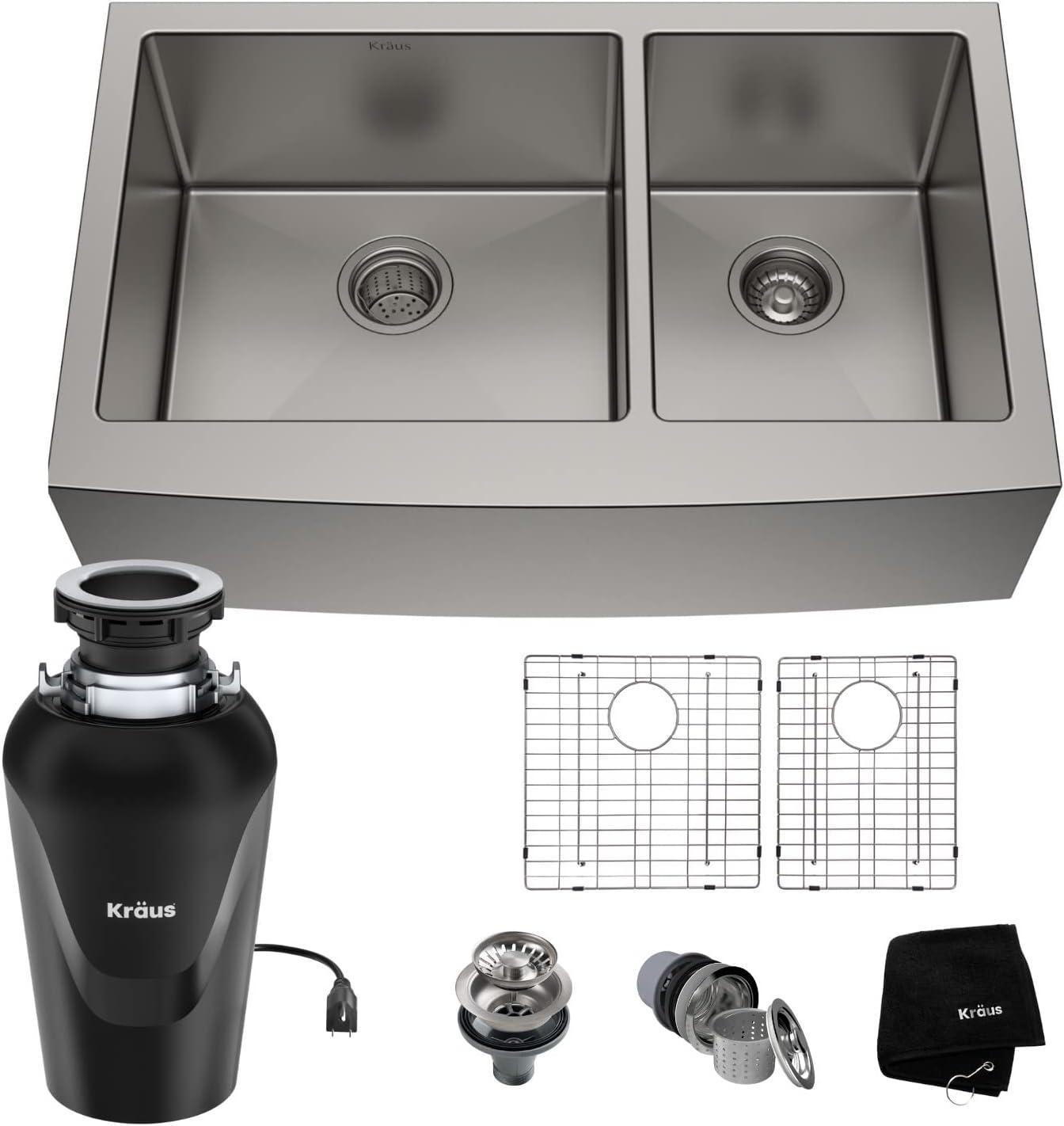 KRAUS Standard PRO™ 36-in Double Bowl Farmhouse Kitchen Sink with WasteGuard™ Garbage Disposal