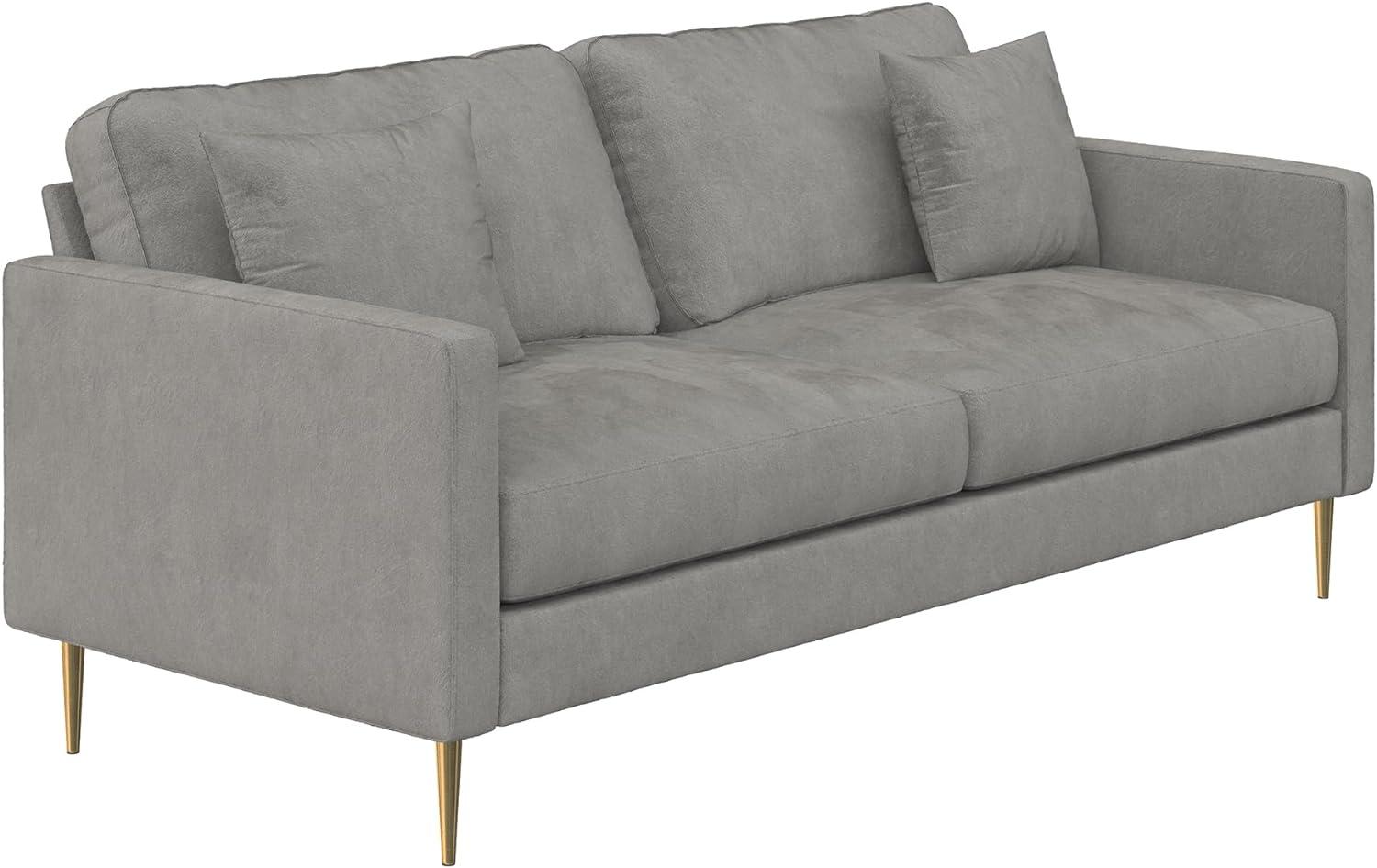 Chic Gray Velvet Sofa with Gold Metal Legs and Accent Pillows