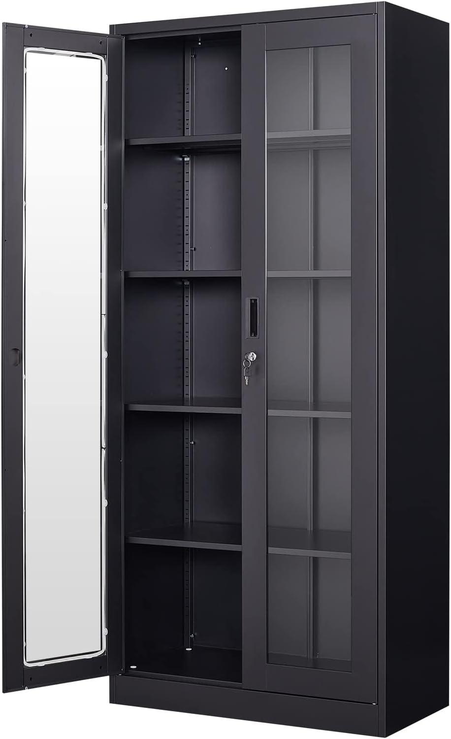 Glass Display Case, Curio Cabinets with Glass Doors, 71" Metal Tall Display Cabinet with Glass Doors and 4 Adjustable Shelves, Black Bookcase Locking Glass Cabinet for Home, Office, Kitchen