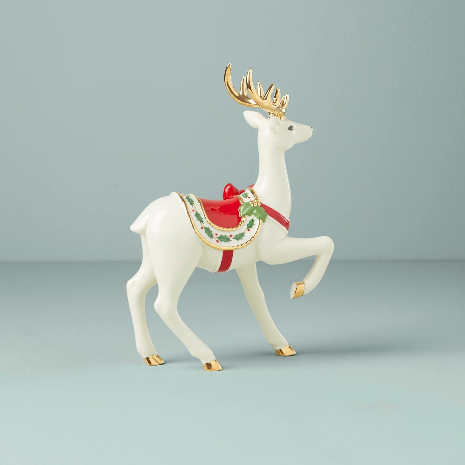 Porcelain Reindeer Figurine with Gold Accents and Holly Saddle