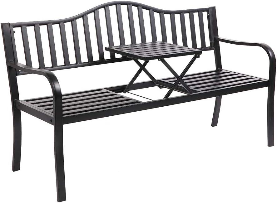 VINGLI 59" Patio Garden Bench Table Outdoor Metal Park Benches, Black Cast Iron Steel Frame Chair Porch Path Yard Lawn Decor Deck