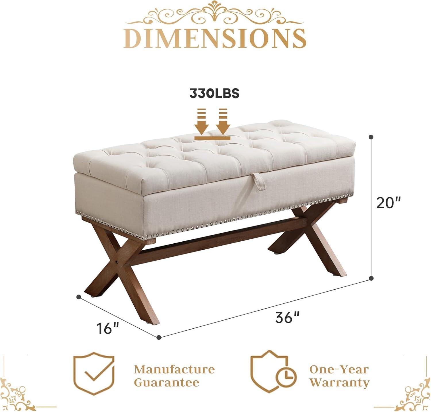 Beige Tufted Linen Storage Bench with X-Shaped Legs