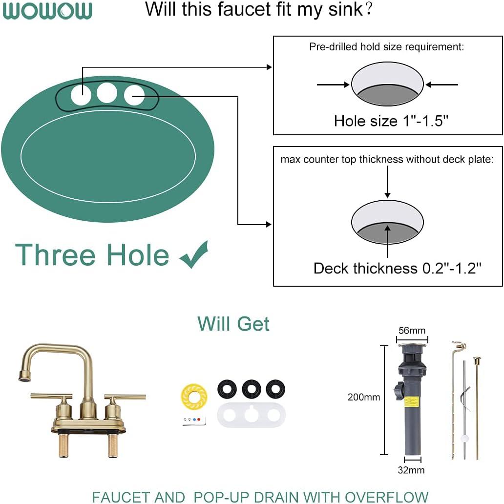 WOWOW Brushed Gold Bathroom Faucet 4 inch Bathroom Sink Faucet 3 Hole RV Sink Tap 2 Handle Vanity Taps with Drain Assembly Centerset Lavatory Mixer 360-Degree Swivel Spout