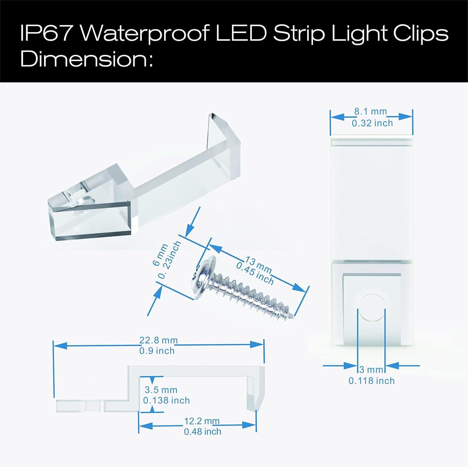 Outdoor LED Strip Light Mounting Bracket Fixing Clips - 100 Pack with Screws, for Silicone Tube, IP67 Waterproof Strip