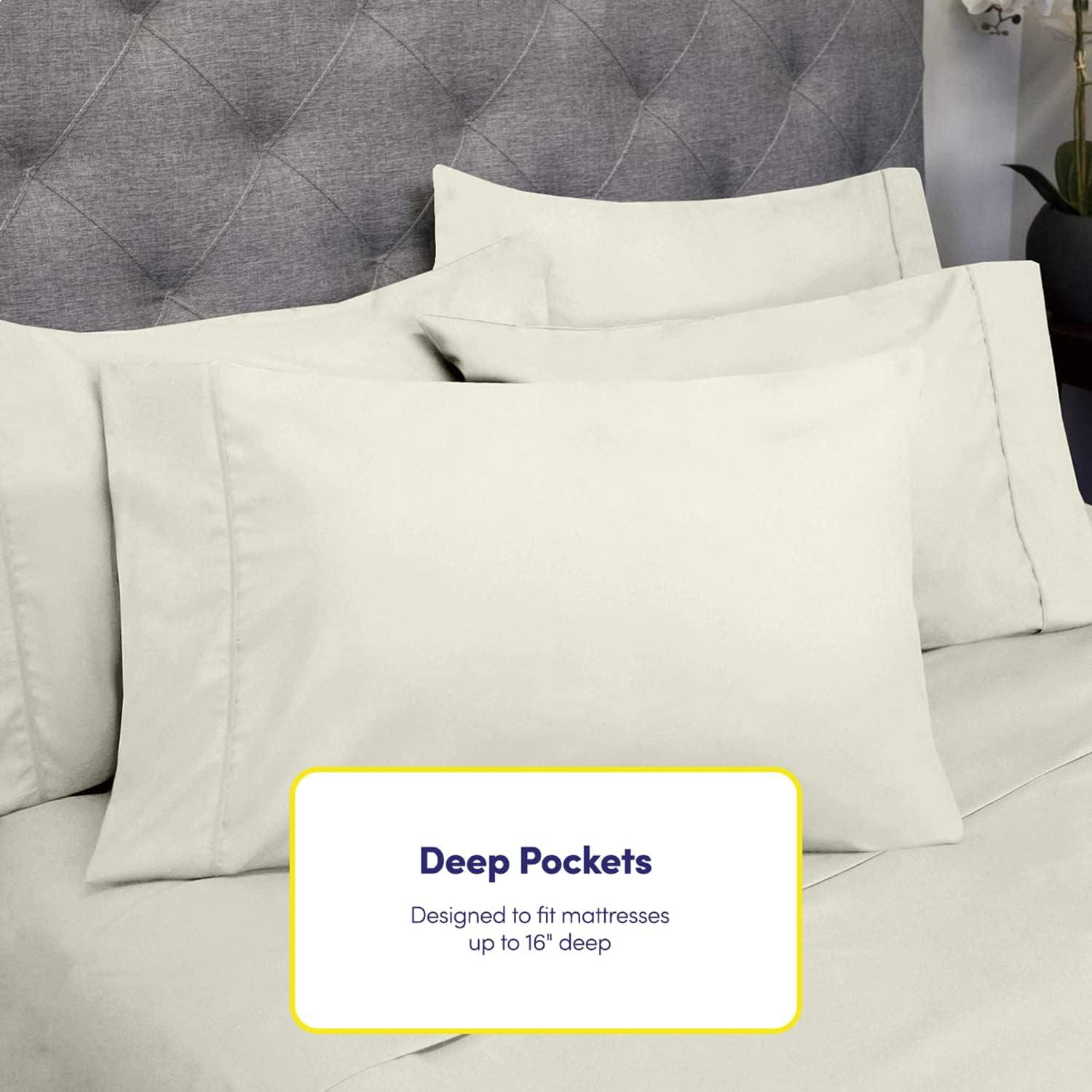 6 Piece Sheet Set, Deluxe Ultra Soft 1500 Series, Double Brushed Microfiber by Sweet Home Collection®- Queen, Ivory
