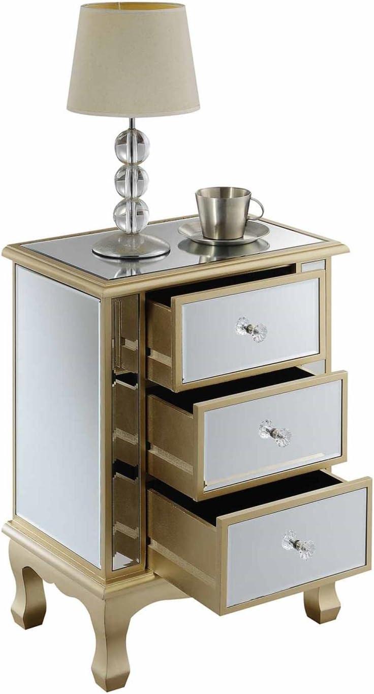 Gold Coast Vineyard 3 Drawer Mirrored End Table In White Wood and Mirrored Glass