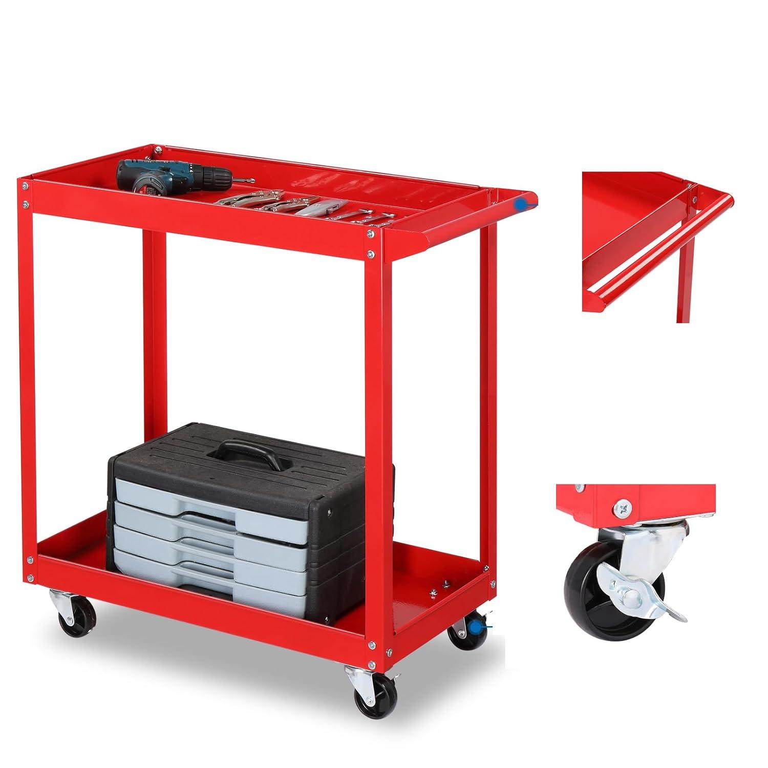 2 Tier Rolling Tool Cart, 220 LBS Capacity Industrial Service Cart w/Wheels, 2 Shelf Steel Utility Cart, Tool Storage Organizer for Mechanic, Garage, Workshop, Warehouse & Repair Shop, Red