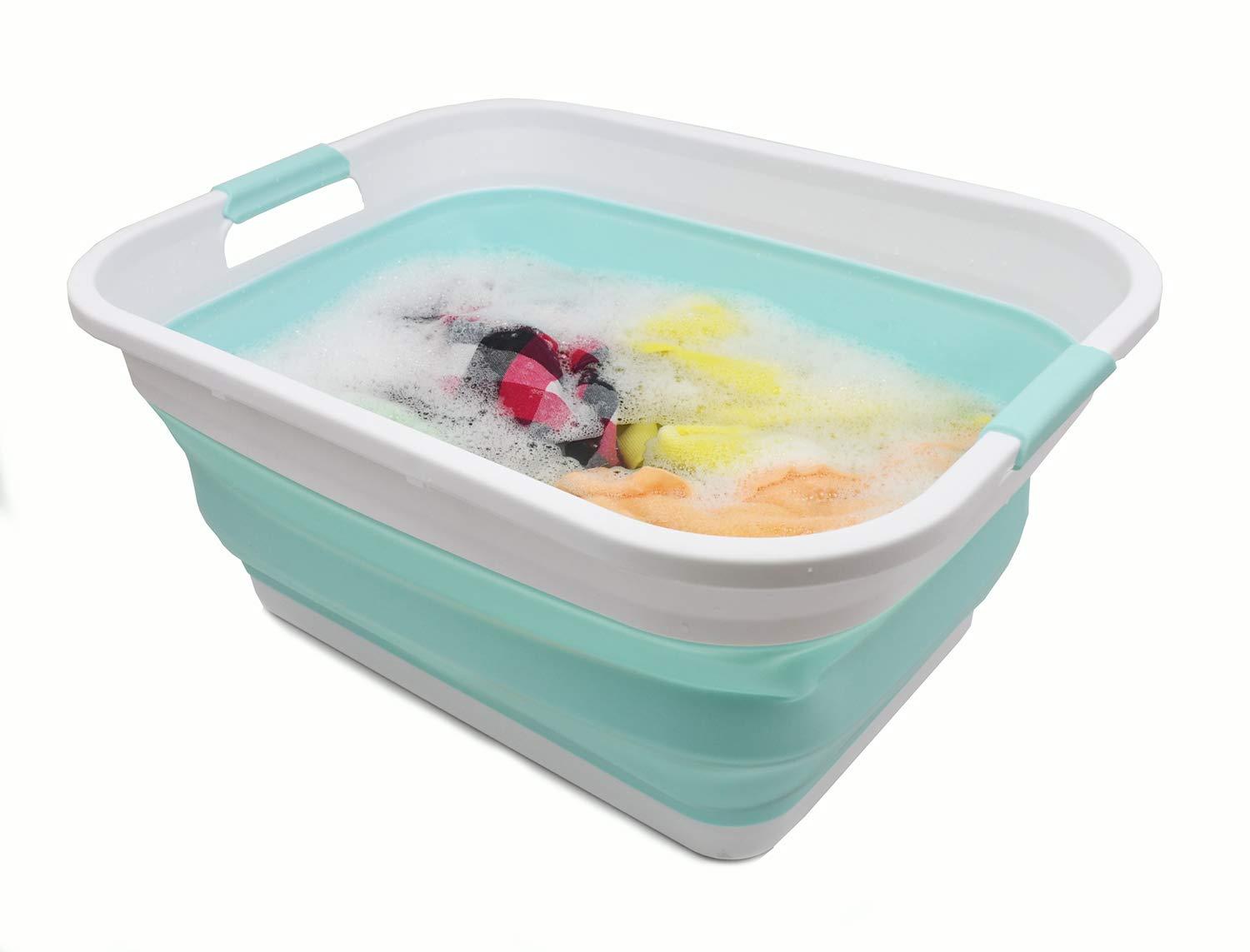 SAMMART 41L (10.8 gallon) Collapsible Plastic Laundry Basket, White/Lake Green