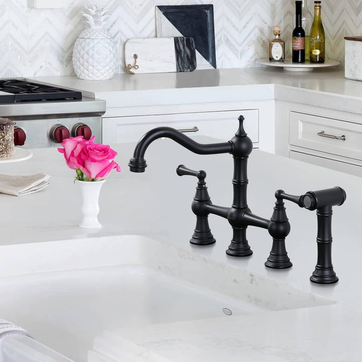 Matte Black Brass Bridge Faucet with Side Sprayer