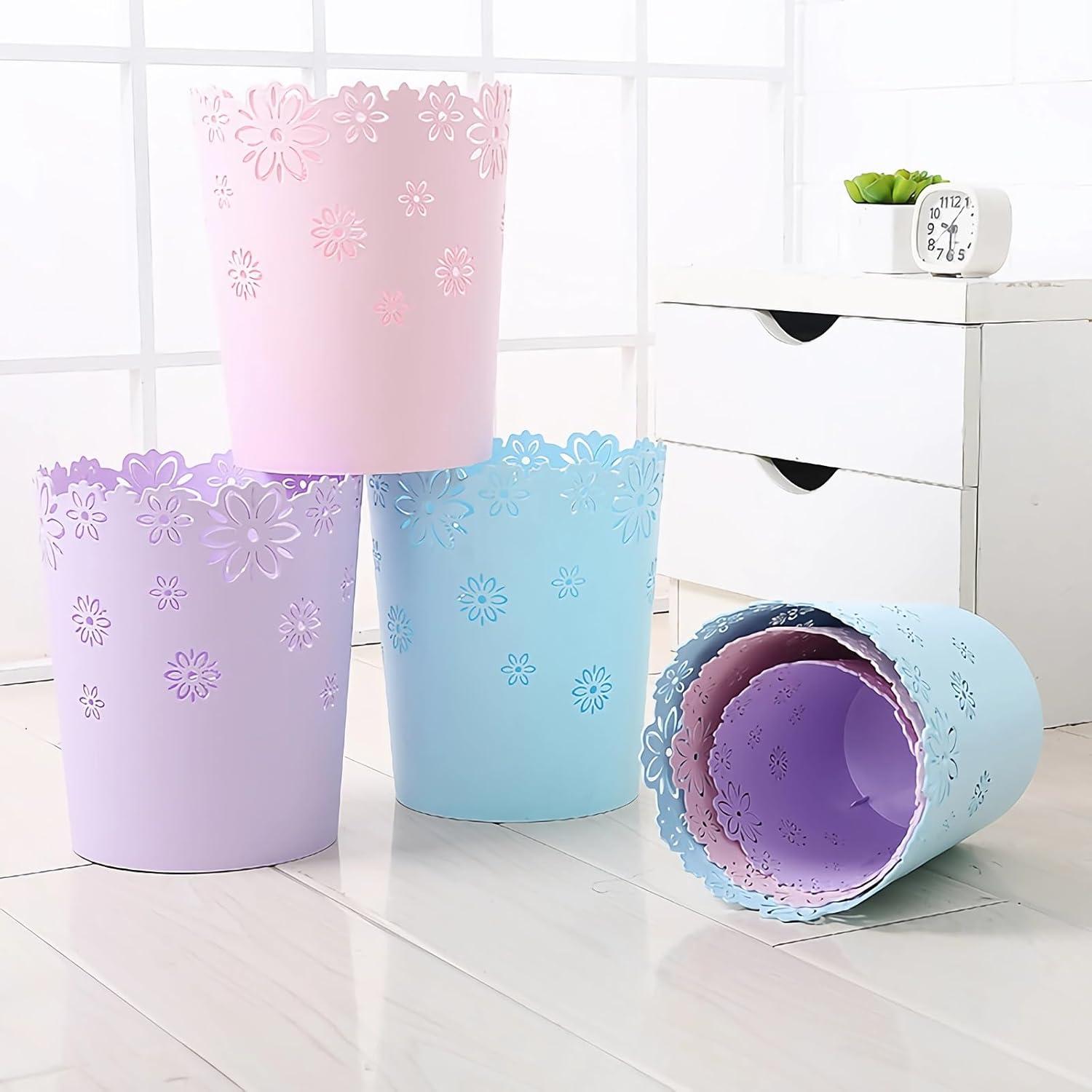 Blue and Pink Floral Pattern Plastic Wastebasket