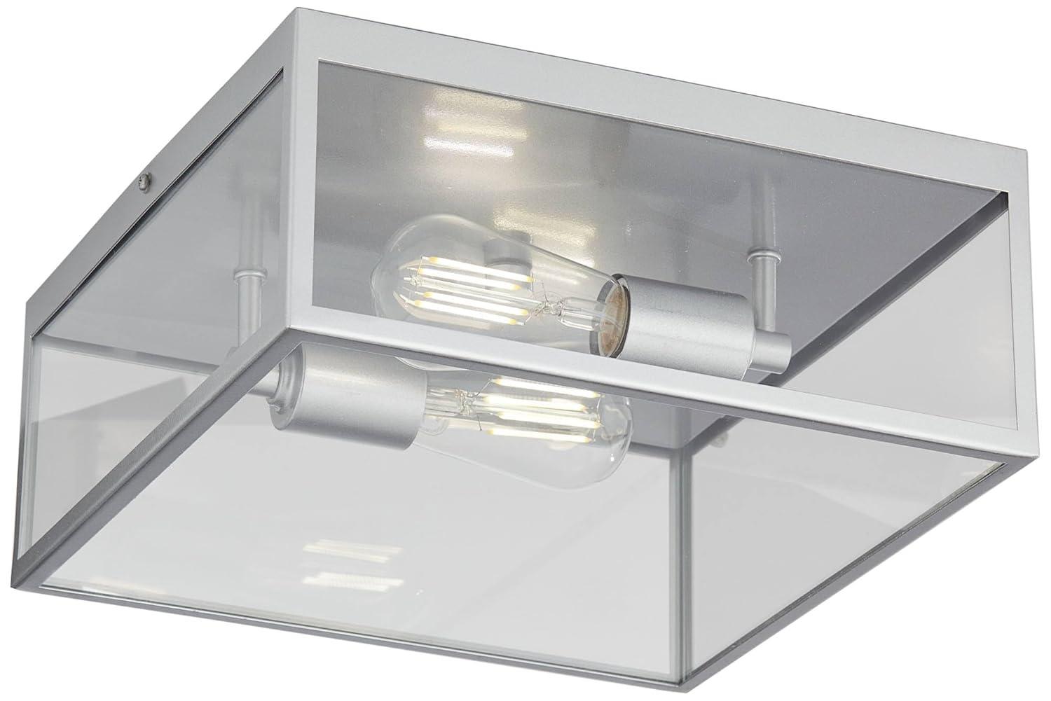 Union Modern Farmhouse Indoor-Outdoor Flush-Mount Ceiling Light Fixture 12" Matte Silver Nickel Clear Glass Panels Square Exterior House Porch Patio Outside Deck Garage Entryway Home