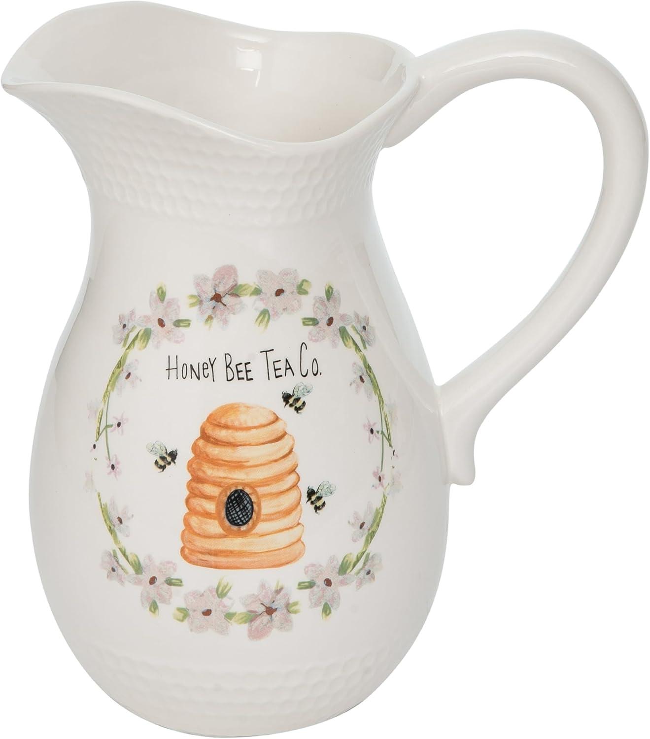 White Dolomite Honey Bee Tea Company Pitcher, 8.5 inches