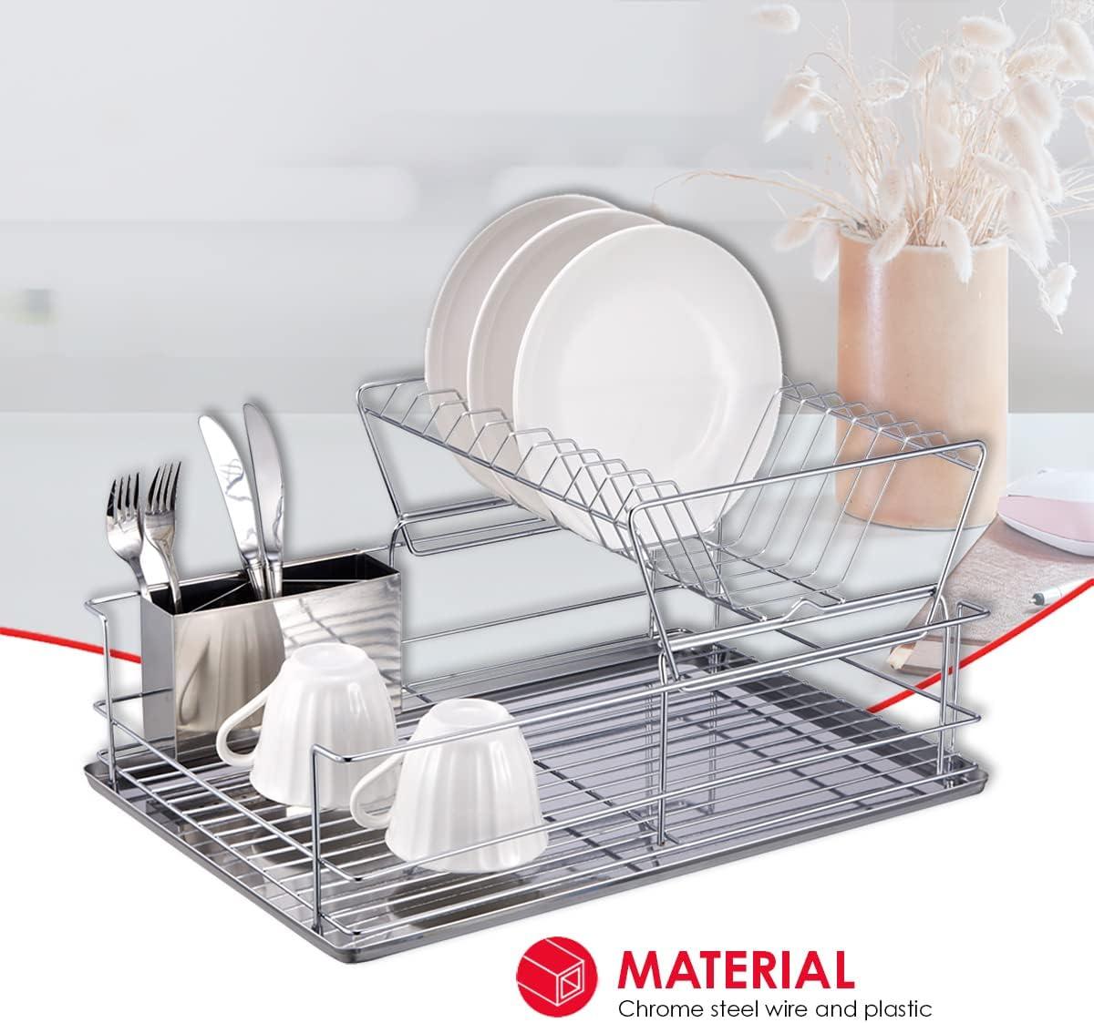 Dish Drying Rack, 2-Tier Dish Rack with Utensil Holder, Dish Drainer for Kitchen, Plated Chrome Dish Dryer (Heavy duty, Silver)