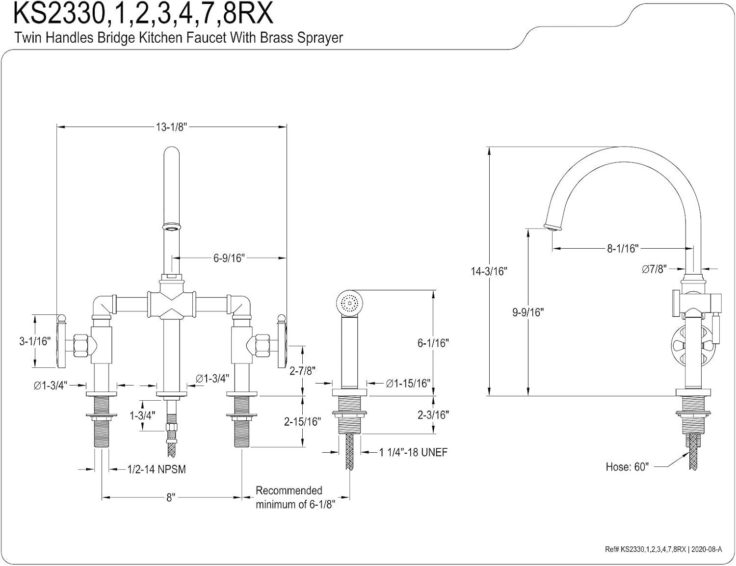 Brushed Brass Industrial Bridge Kitchen Faucet with Side Sprayer