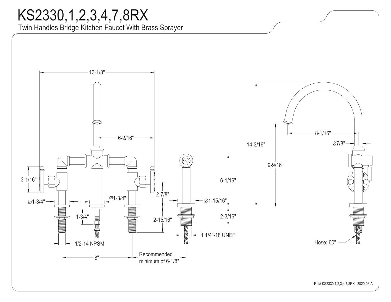 Kingston Brass Kingston Brass Two-Handle 4-Hole Deck Mount Industrial Style Bridge Kitchen Faucet with Brass Side Sprayer KS2333RX
