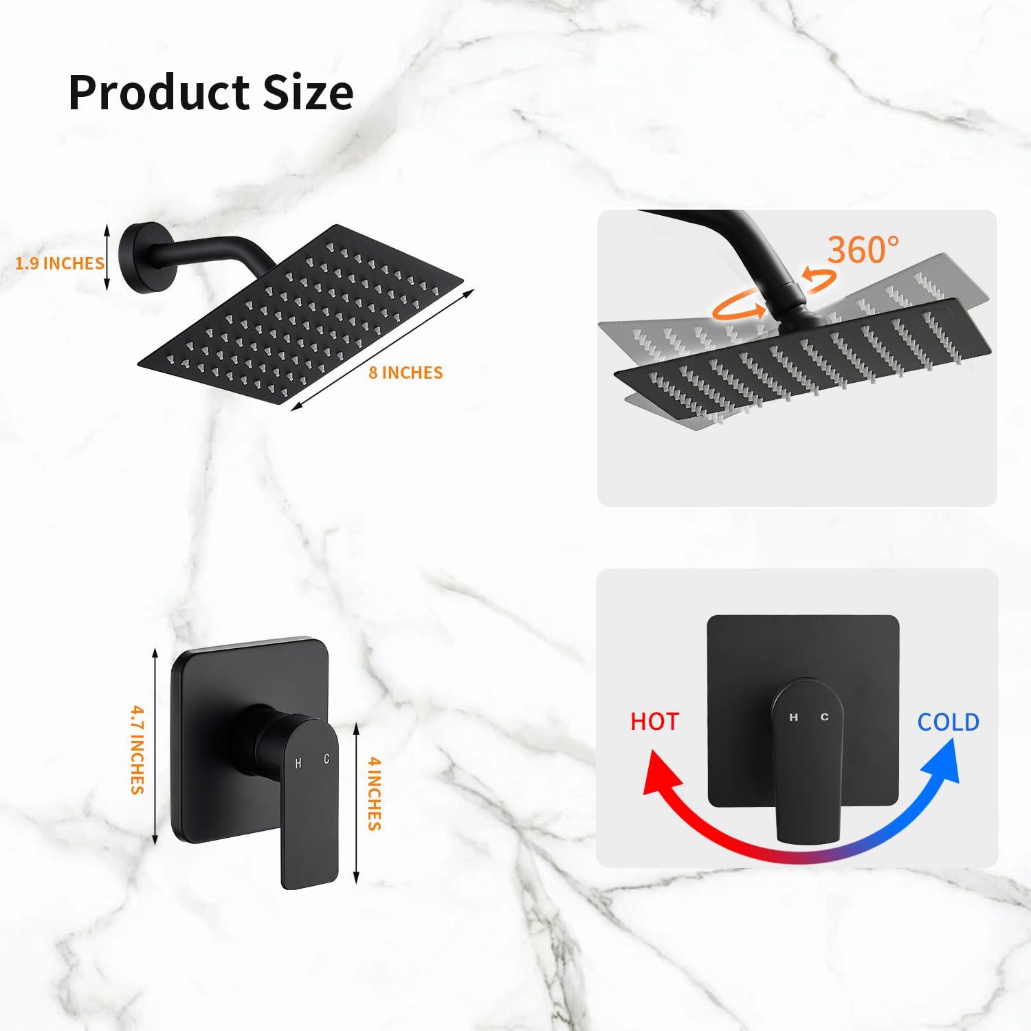 Matte Black Shower Faucet Set Bathroom Rain Shower System 8in Shower Head Combo