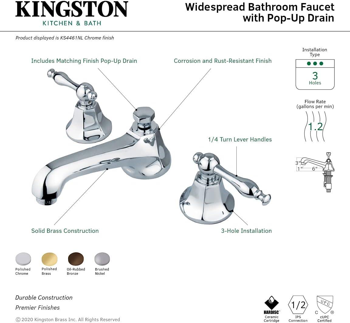 Kingston Brass Naples Two-Handle 3-Hole Deck Mount Widespread Bathroom Faucet with Brass Pop-Up Drain