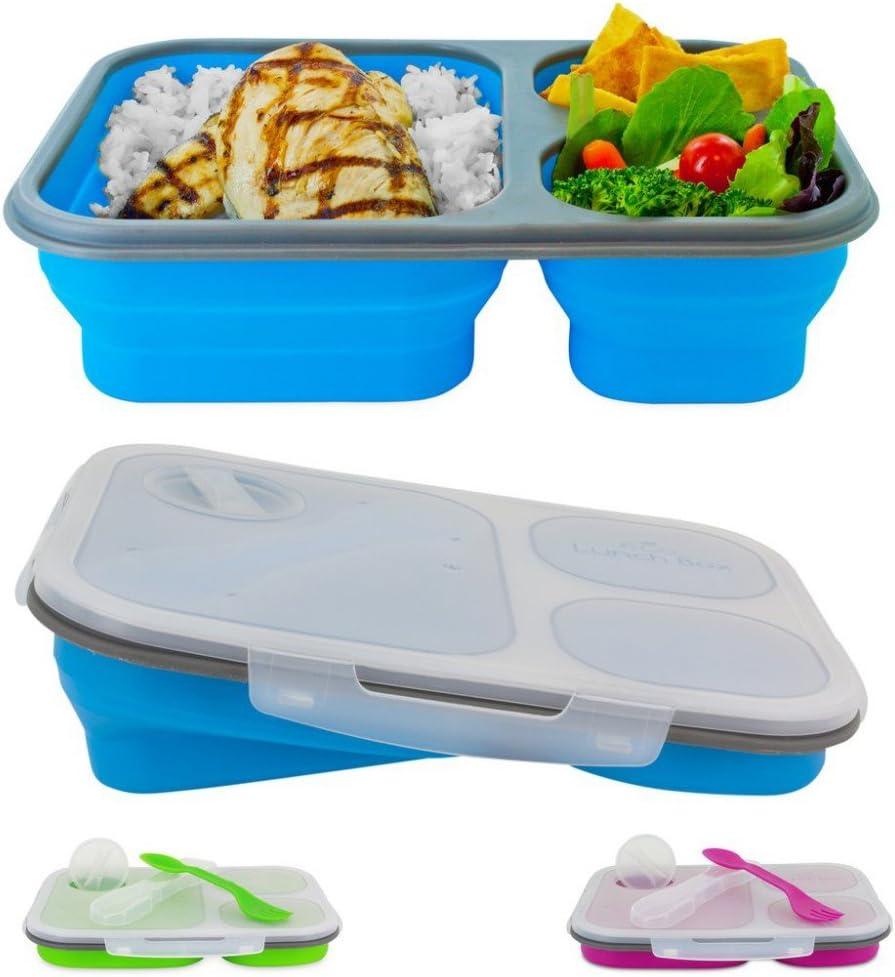 Green Silicone Collapsible 3-Compartment Lunch Box with Spork