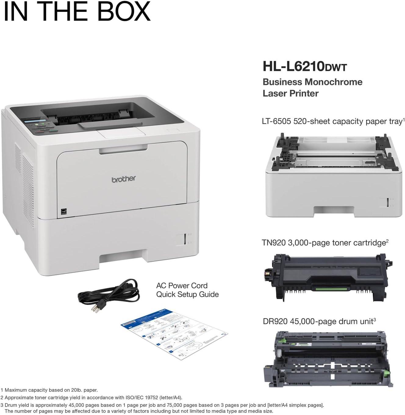 Brother HL-L6210DWT Business Monochrome Laser Printer with Dual Paper Trays, Wireless Networking, and Duplex Printing