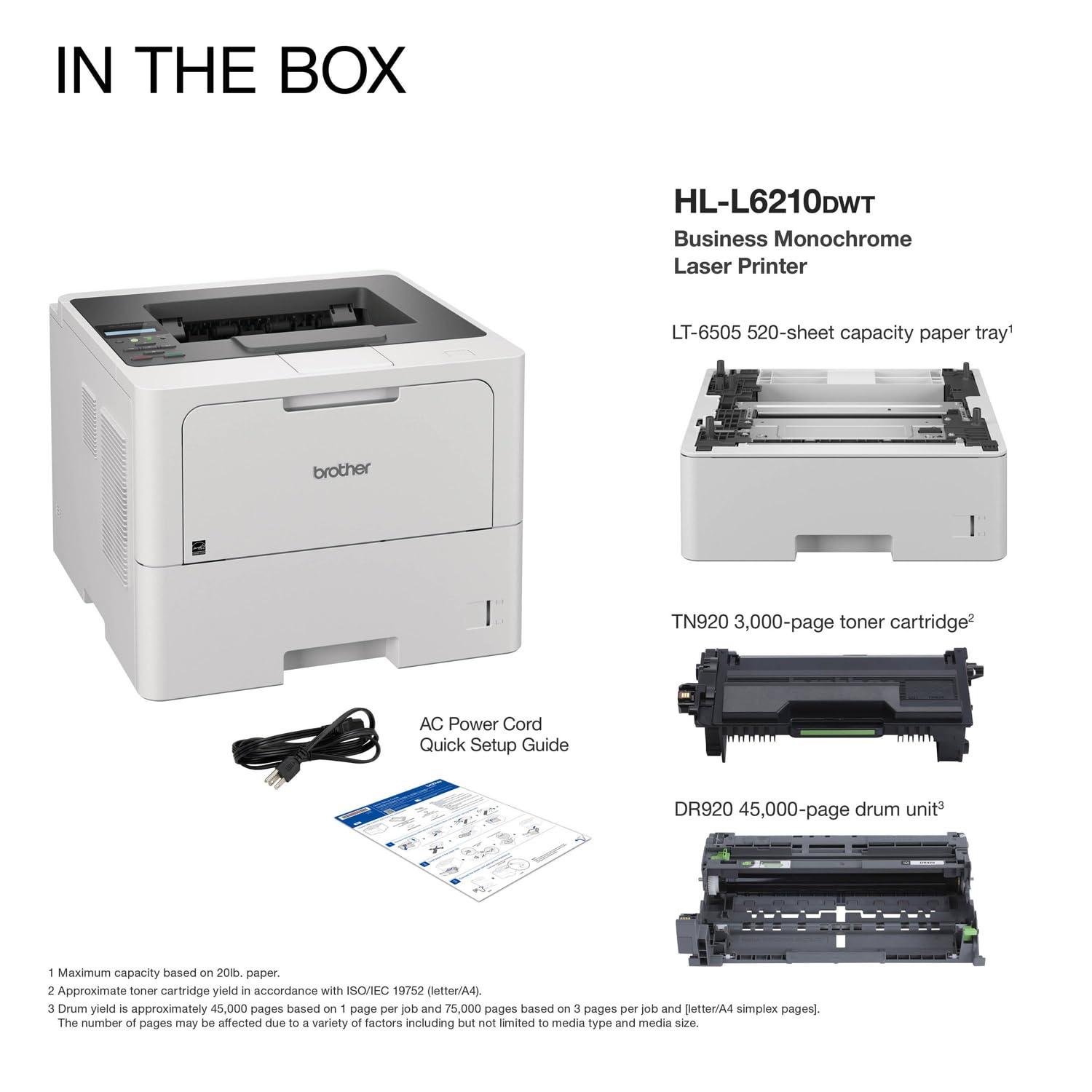 Brother HL-L6210DWT Business Monochrome Laser Printer with Dual Paper Trays, Wireless Networking, and Duplex Printing