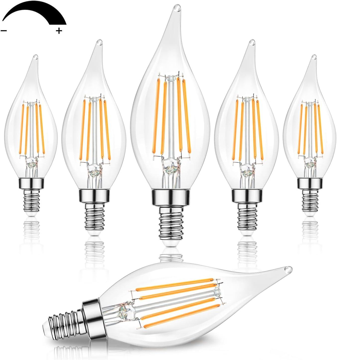 Dimmable E12 Candelabra LED Bulbs 60 Watt Equivalent, 2700K Warm White, Clear Filament LED Chandelier Light Bulbs 6W, 600lm, CA11 Vintage Ceiling Fan Light Bulb with Flame Tip, 12-Pack
