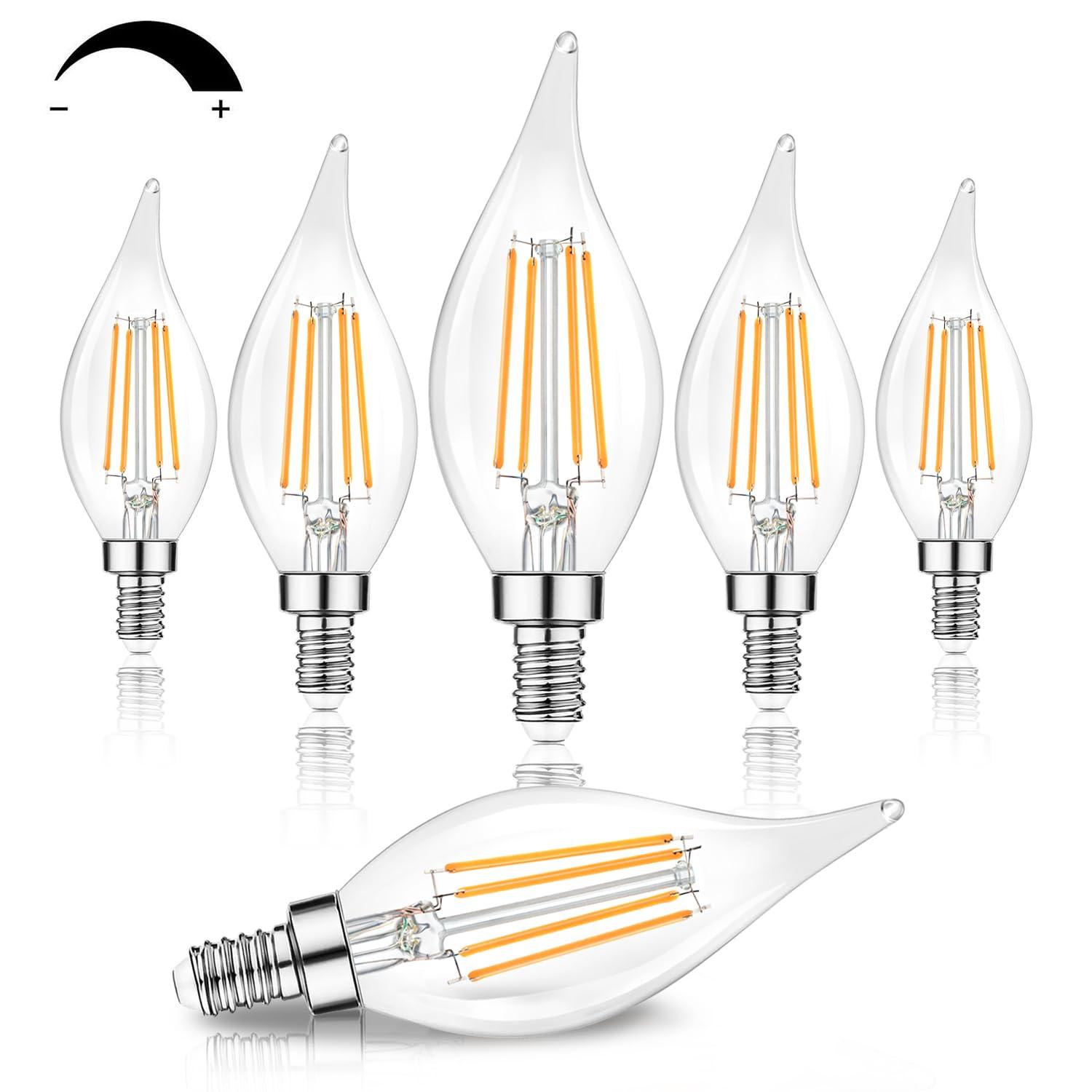 Dimmable E12 Candelabra LED Bulbs 60 Watt Equivalent, 2700K Warm White, Clear Filament LED Chandelier Light Bulbs 6W, 600lm, CA11 Vintage Ceiling Fan Light Bulb with Flame Tip, 12-Pack