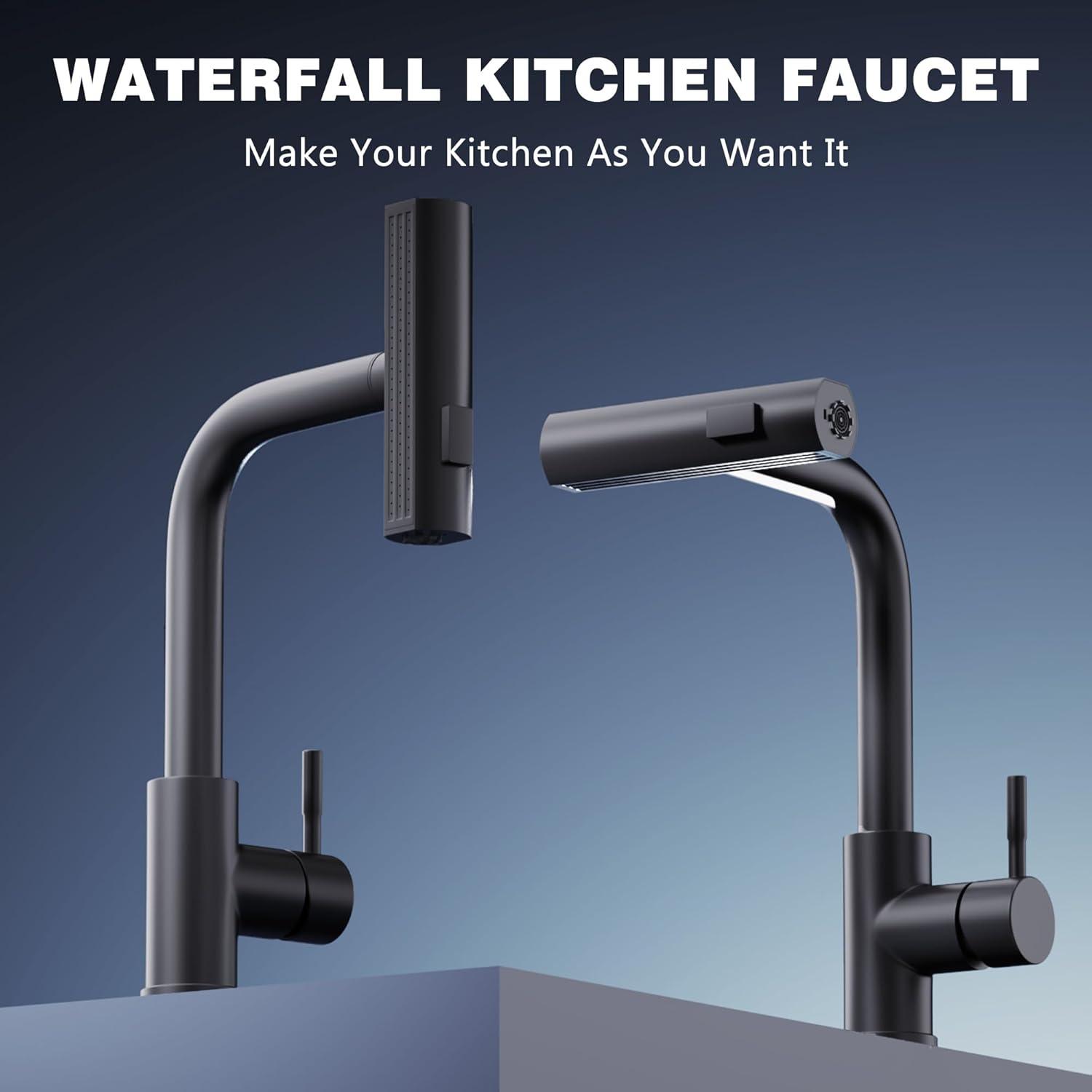 Waterfall Kitchen Faucet,Matte Black Kitchen Faucet with Pull Down Sprayer,Faucets for Kitchen Sink,Single Handle Kitchen Faucet Stainless Steel,Pull Out Sprayer Kitchen Faucets