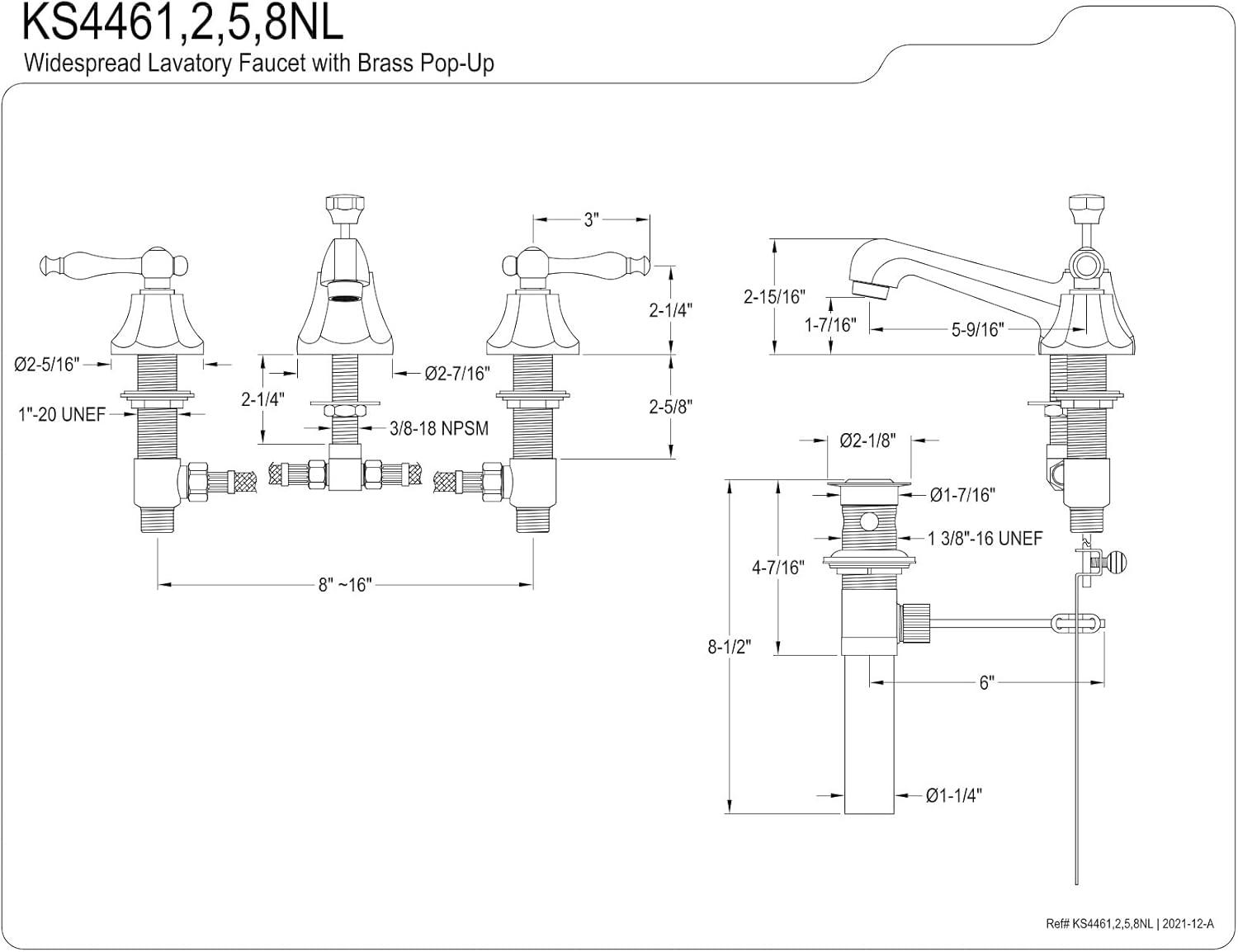 Kingston Brass Naples Two-Handle 3-Hole Deck Mount Widespread Bathroom Faucet with Brass Pop-Up Drain