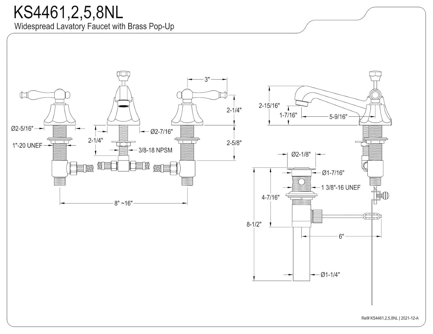 Kingston Brass Naples Two-Handle 3-Hole Deck Mount Widespread Bathroom Faucet with Brass Pop-Up Drain