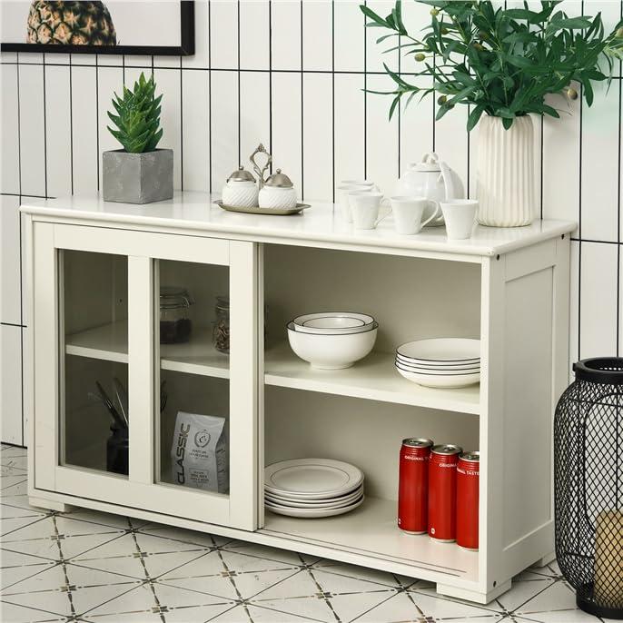 Costway Storage Cabinet Sideboard Buffet Cupboard Glass Sliding Door Pantry Kitchen Off-White