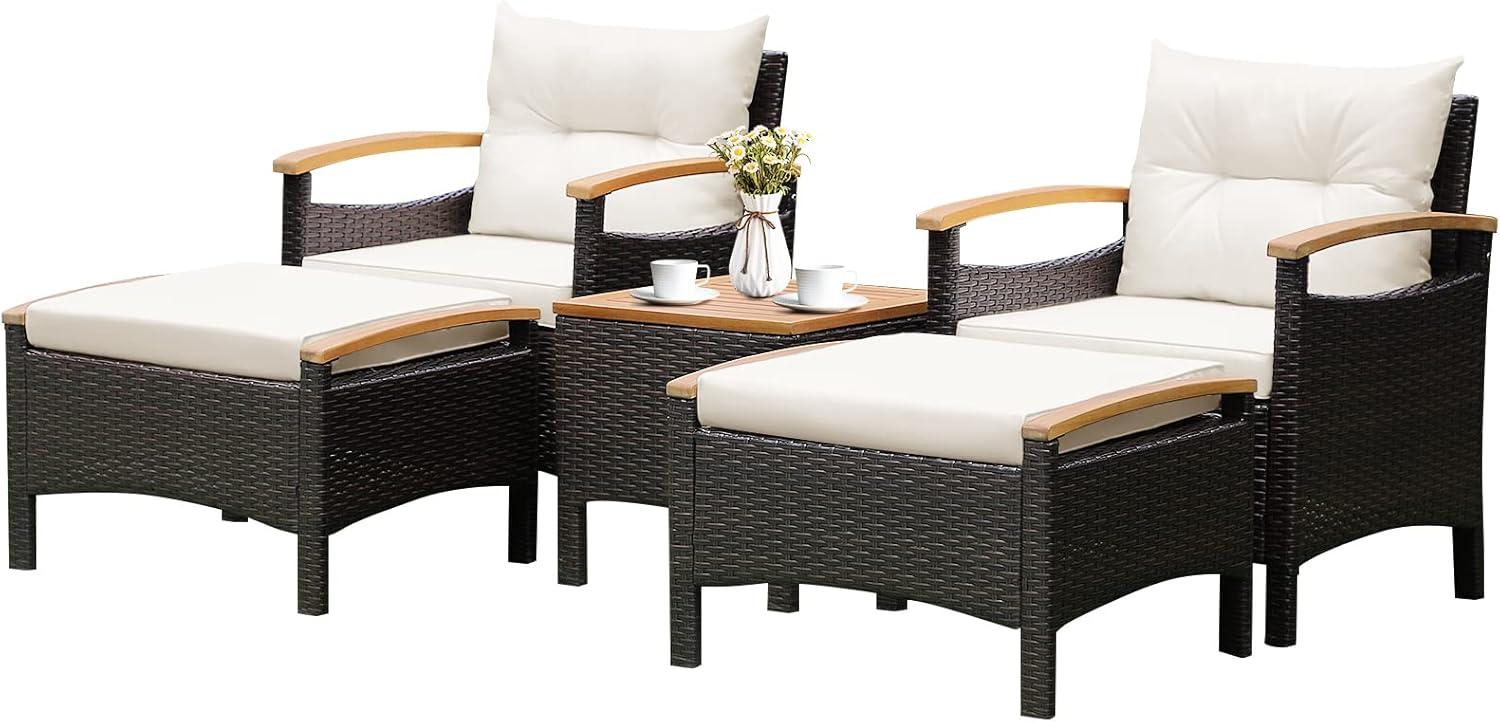 5-Piece Brown Wicker and Wood Patio Set with White Cushions