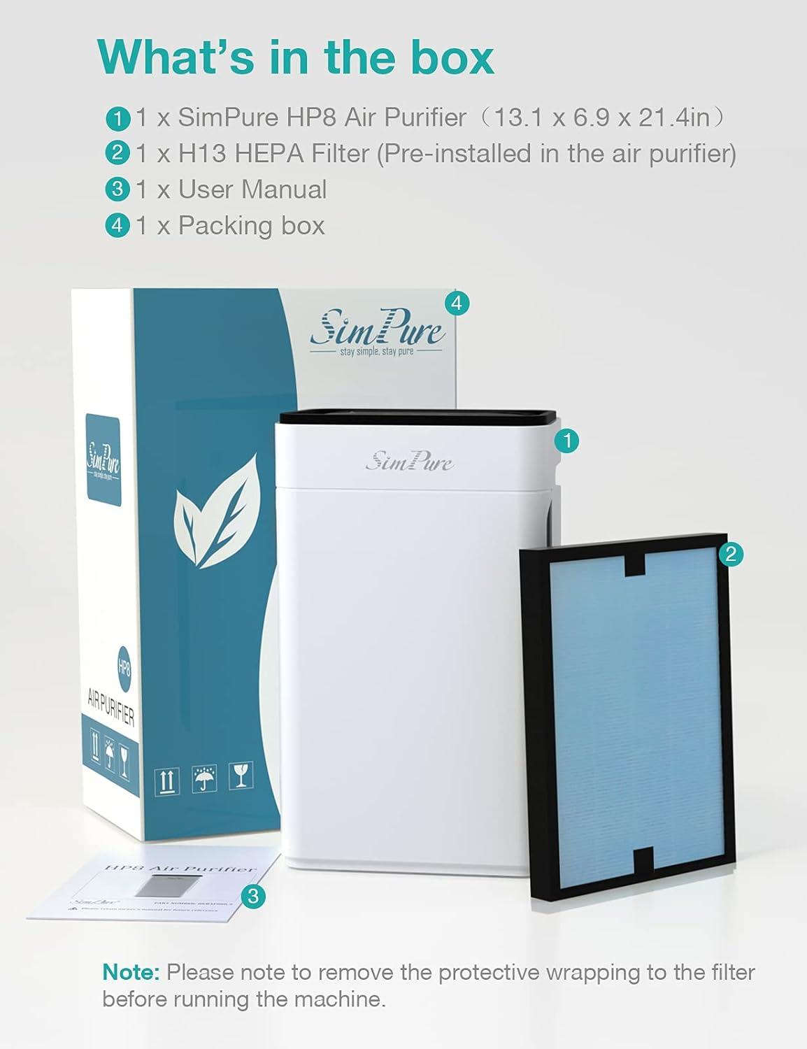 SimPure HP8 Air Purifier for Home Large Room & Bedroom & Office, Quiet True HEPA Filter Air Cleaner for Allergies, Pets, Smokers, Eliminates Allergens, Smoke, Odors, Dust, Pets Hair Dander, Mold