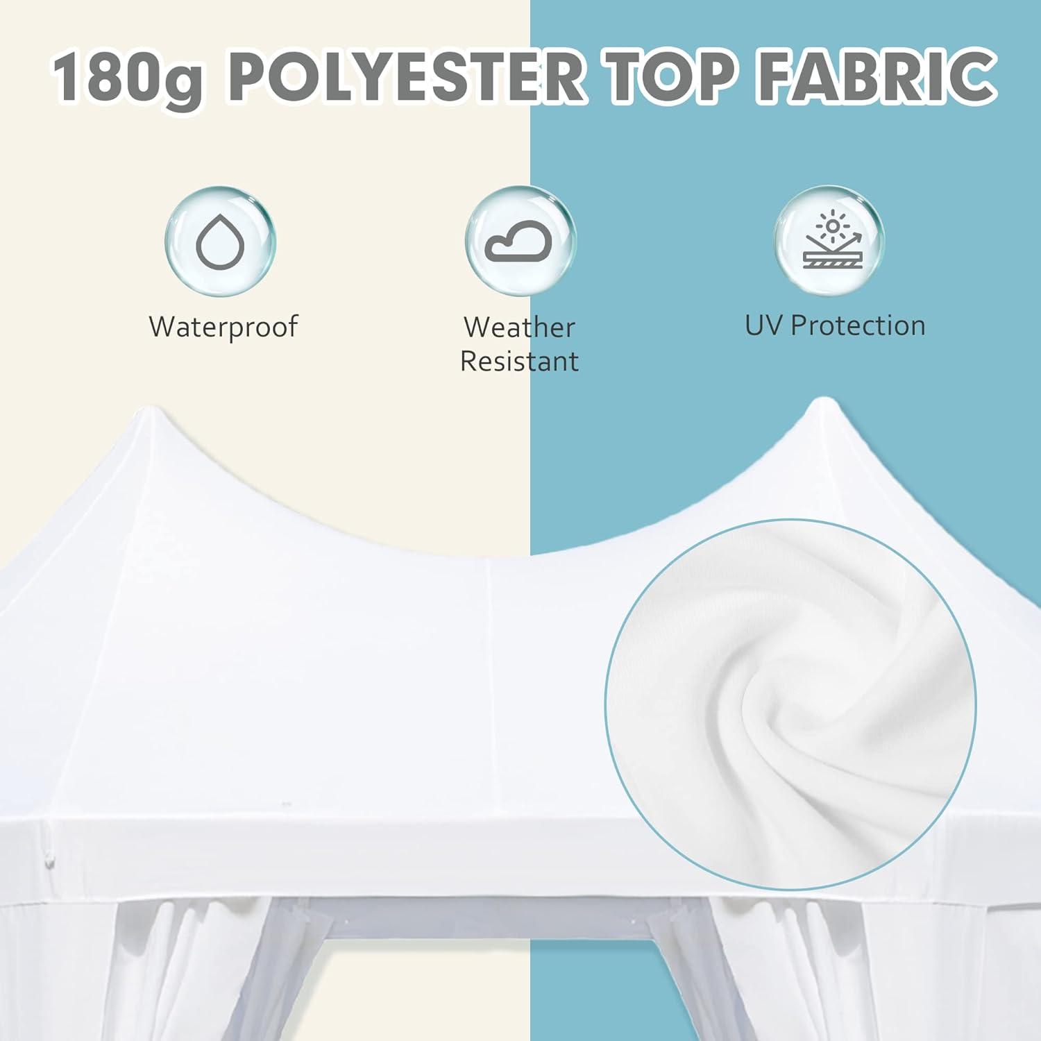 White Hexagonal Party Tent with Peaked Canopy and Removable Sidewalls