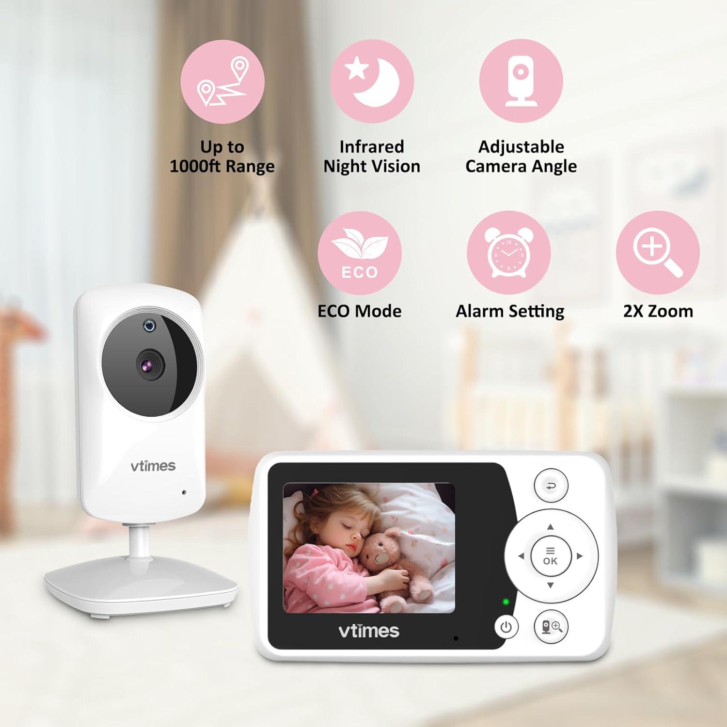 Baby Monitor with Camera and Audio, 2.4" LCD Screen Video Baby Monitor No WiFi Night Vision, Portable Baby Camera Monitor VOX Pan-Tilt-Zoom Alarm and 1000ft, Ideal for Baby/Elderly/Pet
