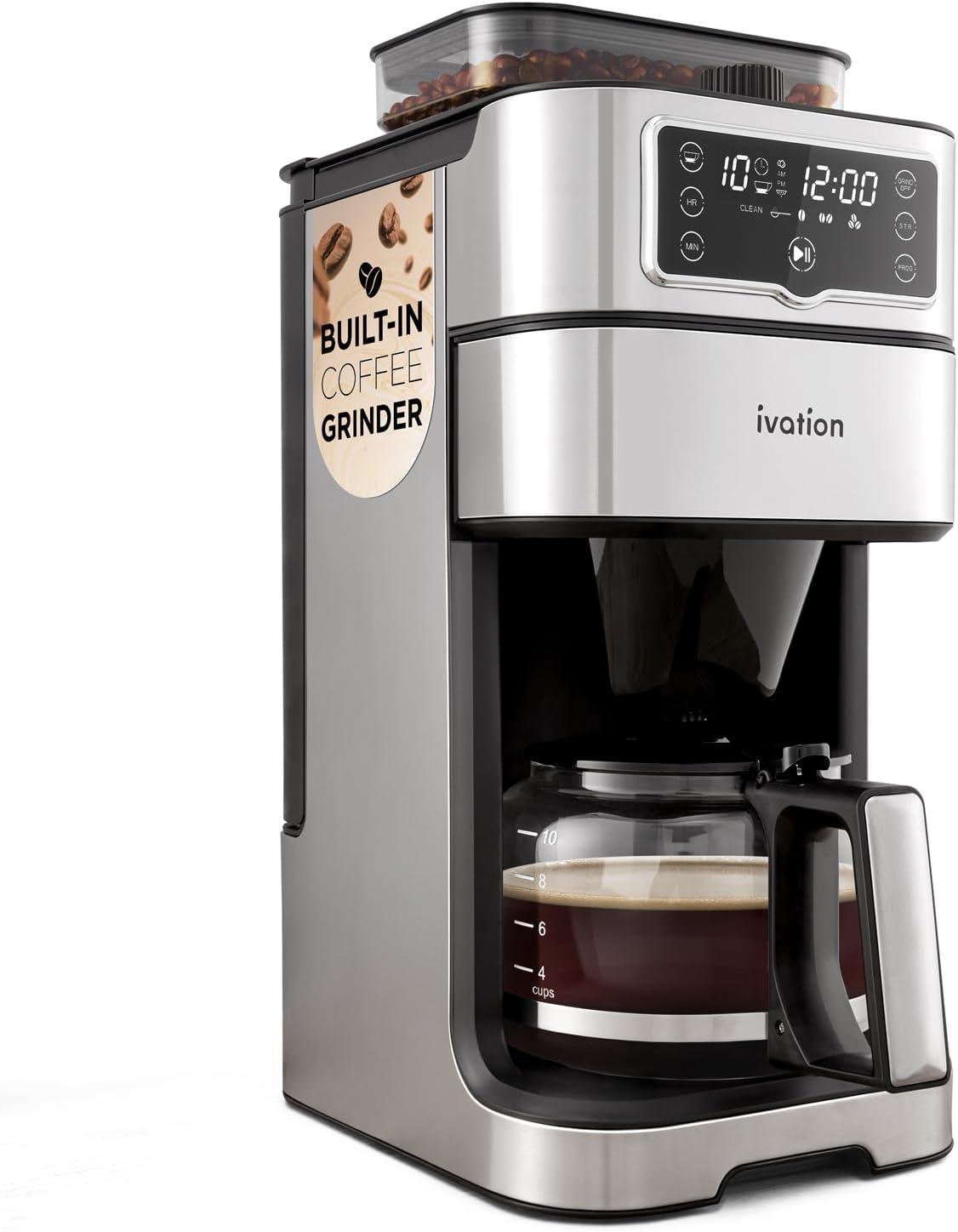 Ivation 2-in-1 Drip Coffee Maker & Grinder – Programmable Auto Brew & Timer - Warming Plate - 10 Cup - Reusable Filter Basket – 1.5L Water Tank – 1000W - Pause and Pour