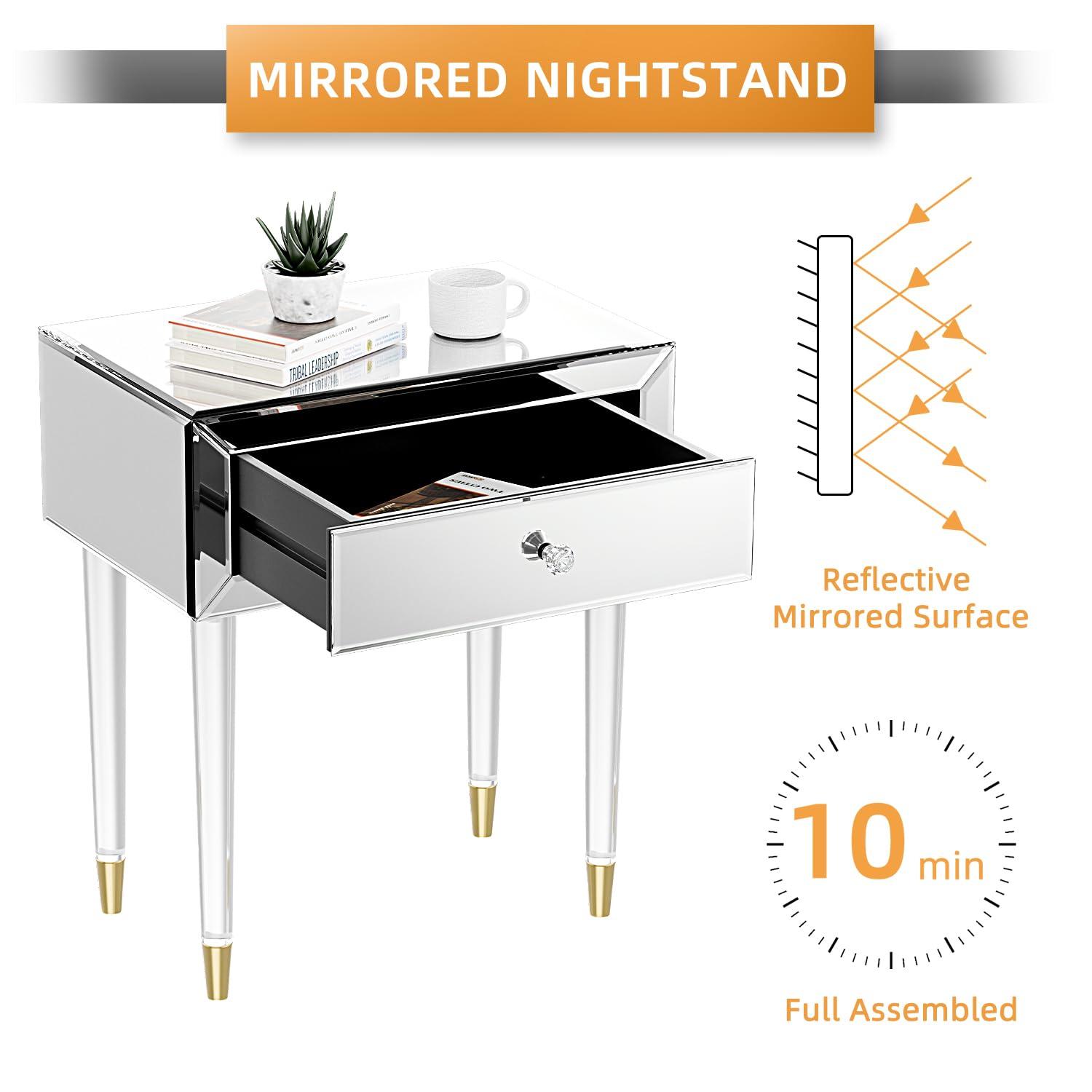 Mirrored Nightstand, Modern End Table with Drawer, Bedside Tables with Acrylic Legs for Bedroom, Living Room, Silver