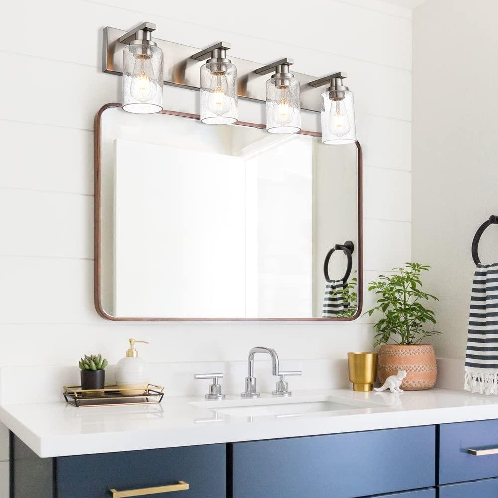 Melucee Brushed Nickel Industrial Bathroom Vanity Light Fixtures Over Mirror Seeded Glass 4 Lights Vintage Vanity Lights Farmhouse Bath Lighting