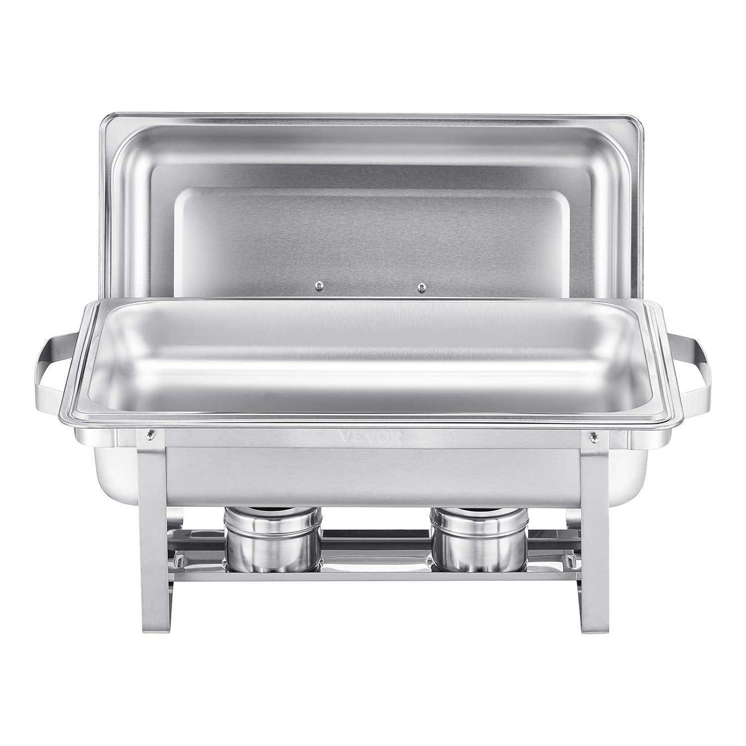 VEVOR Chafing Dish Buffet Set, 8 Qt 2 Pack, Stainless Chafer with 2 Full & 4 Half Size Pans, Rectangle Catering Warmer Server with Lid Water Pan Folding Stand Fuel Tray Holder Clip