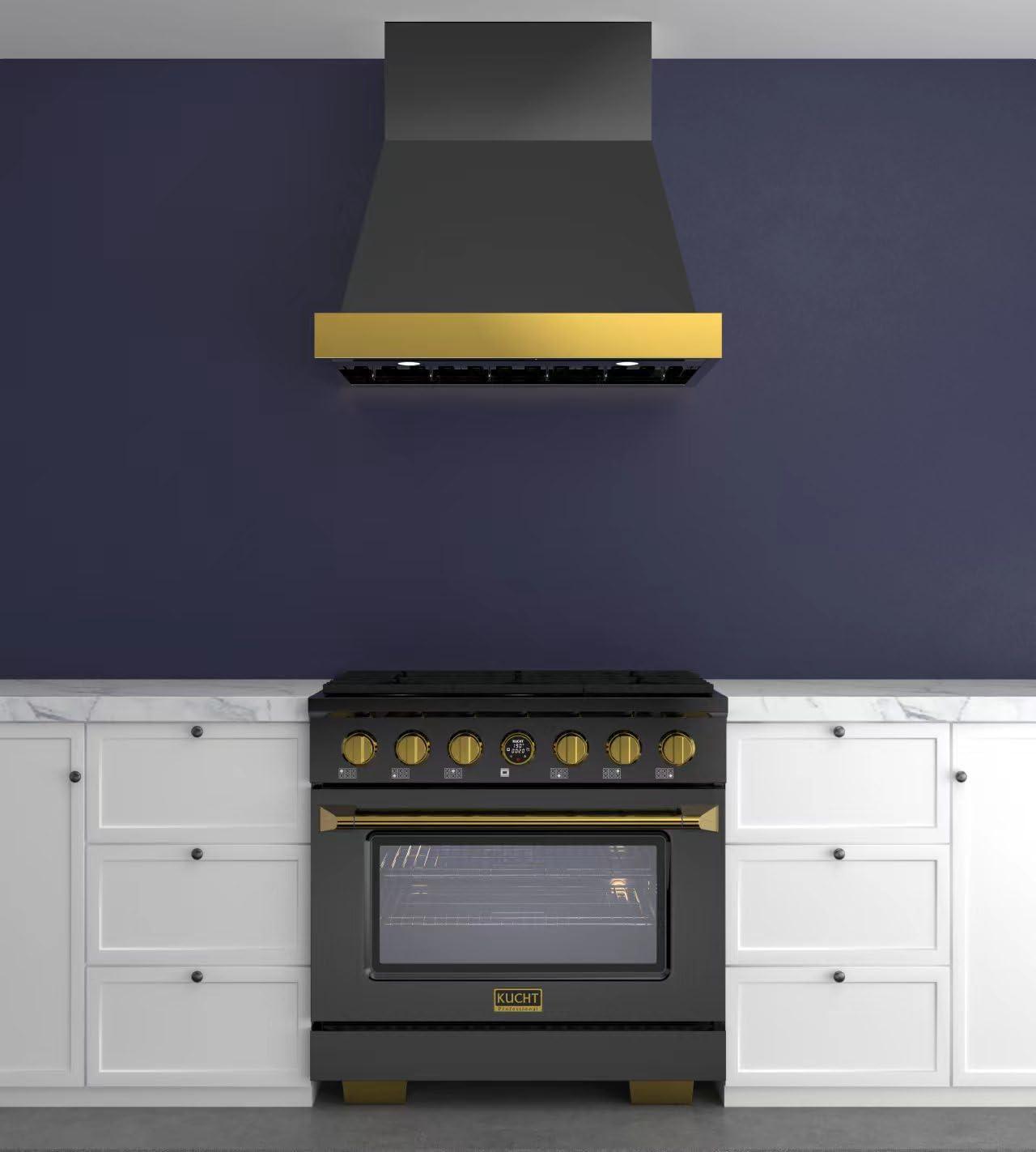 Kucht 36 in. 800 CFM Wall Mounted Range Hood with Gold Accents