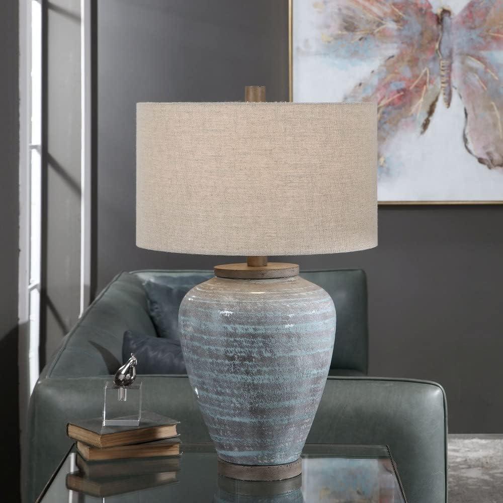 Light Aqua Blue and Gray Ceramic Table Lamp with Drum Shade