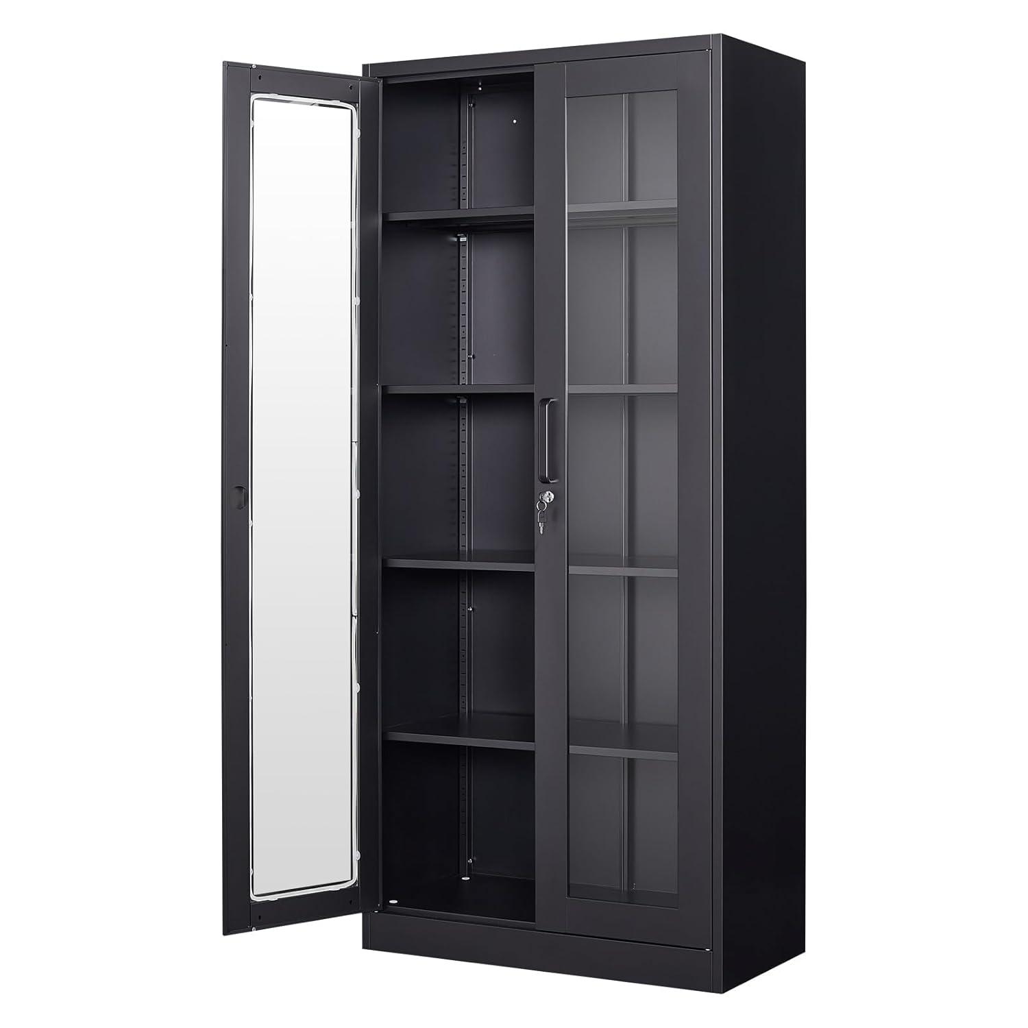 Display Cabinet With Glass Doors, Curio Cabinets With 4 Adjustable Shelves, Locking Glass Cabinet Display Case For Home, Office, Clinic, Pantry, Assemble Required