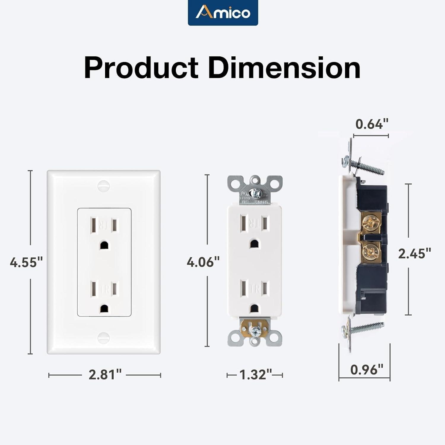 Amico 50 Pack Wall Outlet, 15 Amp Outlets, UL Listed, Tamper Resistant Standard Electrical Outlet, Decorator Receptacle with Wall Plate, Suitable for Home and Business, 125V/1875W, White
