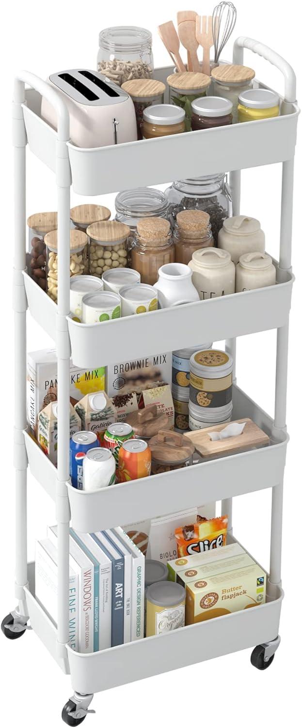 White 4-Tier Plastic Rolling Kitchen Storage Cart with Handle