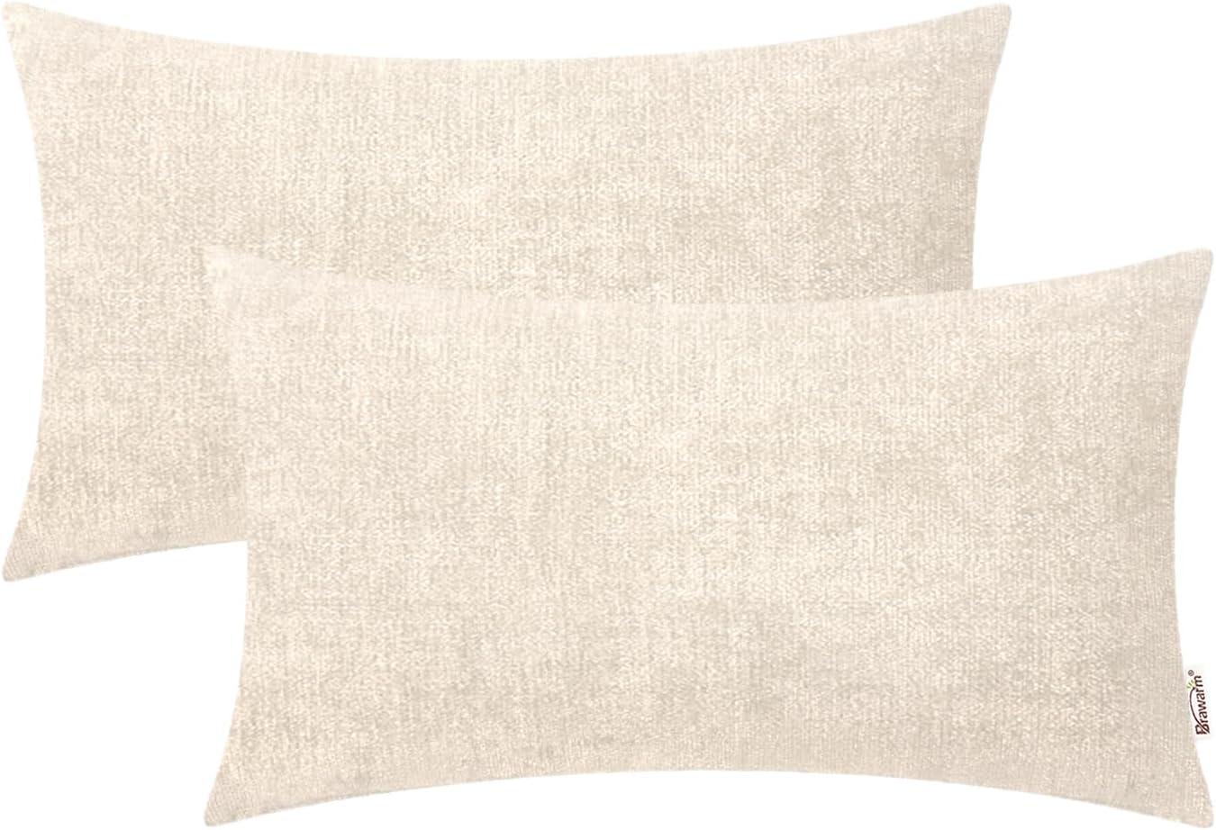 BRAWARM Throw Pillow Covers 12x20 Inches - Cream Chenille Lumbar Pillow Covers Pack of 2, Solid Dyed Soft Chenille Pillow Cases for Couch Sofa Bed Home Decoration