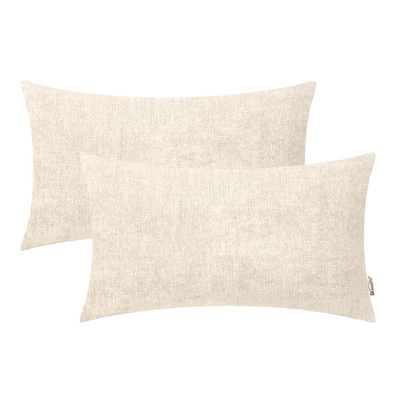 BRAWARM Throw Pillow Covers 12x20 Inches - Cream Chenille Lumbar Pillow Covers Pack of 2, Solid Dyed Soft Chenille Pillow Cases for Couch Sofa Bed Home Decoration