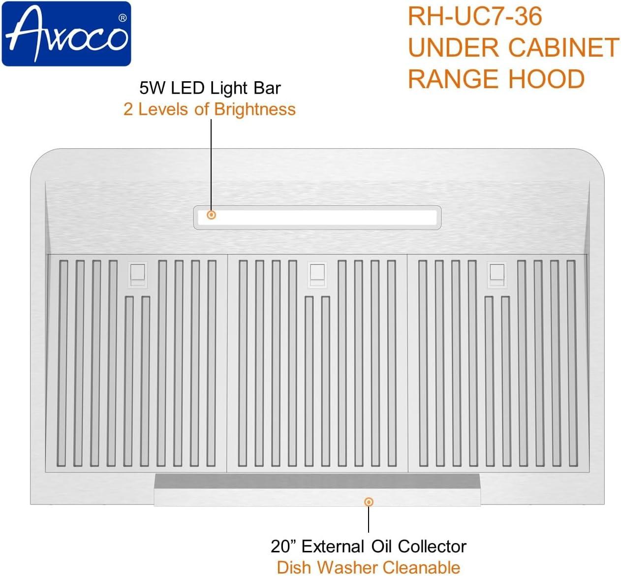Awoco 36" Stainless Steel 900 CFM Ducted (Vented) Under Cabinet Range Hood with Baffle Filter