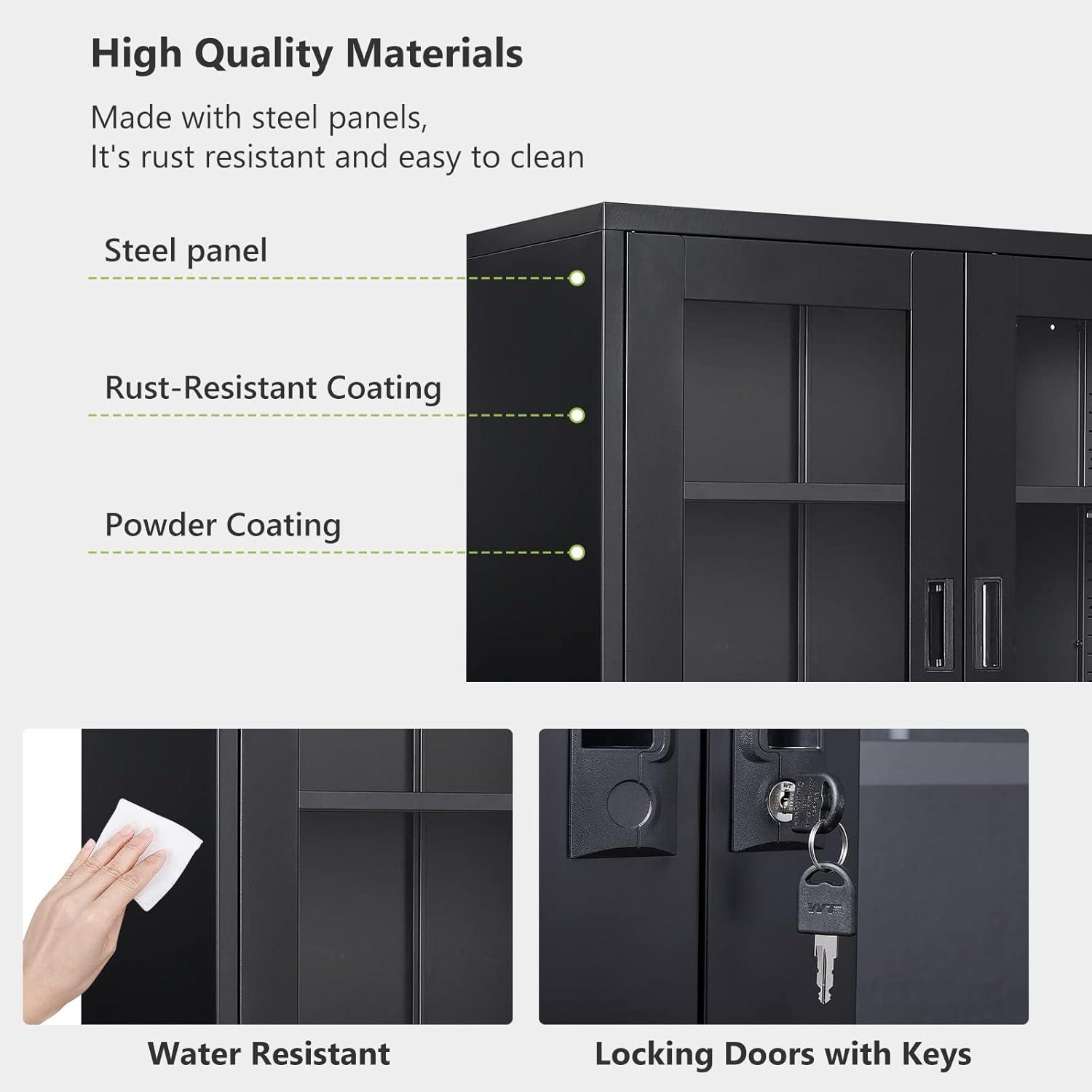 Drevy Metal Storage Cabinet with Doors and Shelves,Glass Cabinet Display Cabinet with Glass Doors,Office Cabinet with Storage Shelves and Double Doors, for Garage and Utility Room, Home Office