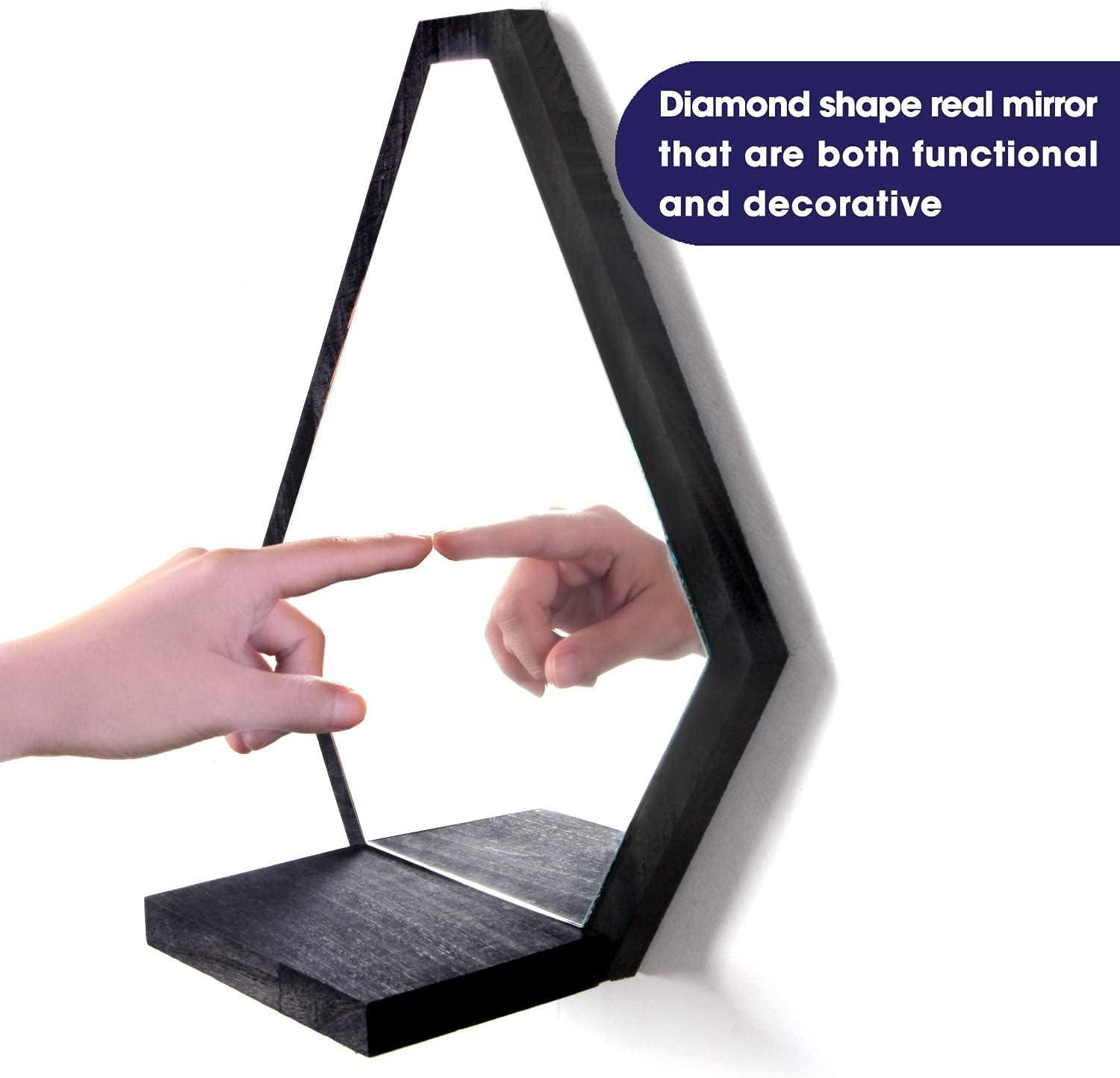 Design Wall Mount Decorative Mirrors- Set of 3, Geometric Rustic Wood Real Mirror with Shelf for Bedroom, Bathroom, Living Room, Kitchen Wall Art Décor