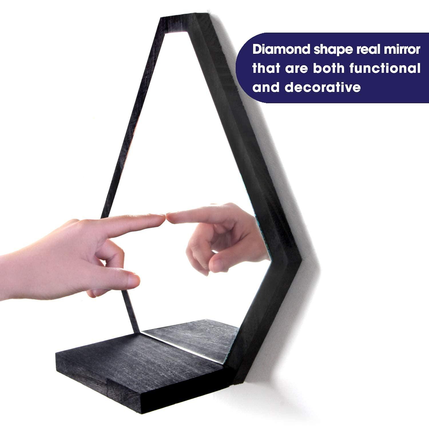 Design Wall Mount Decorative Mirrors- Set of 3, Geometric Rustic Wood Real Mirror with Shelf for Bedroom, Bathroom, Living Room, Kitchen Wall Art Décor